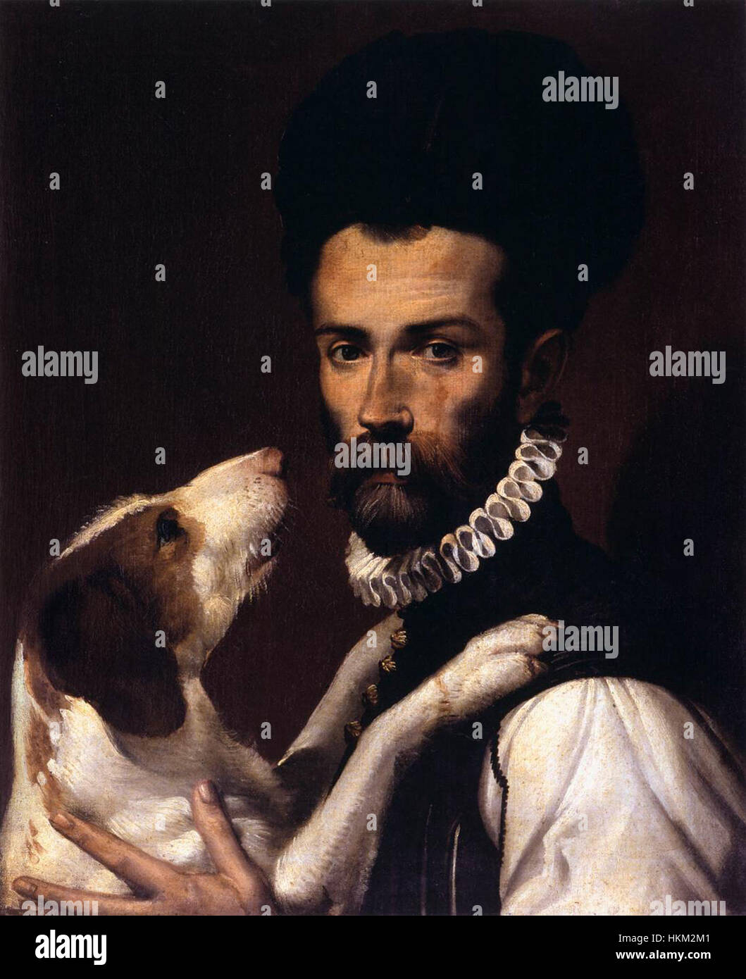 Ce portrait de Bartolomeo Passerotti représente un homme debout avec son chien. L'œuvre capture le lien entre le sujet et son animal de compagnie, rendu avec une attention particulière aux détails de la figure humaine et des caractéristiques de l'animal. Banque D'Images