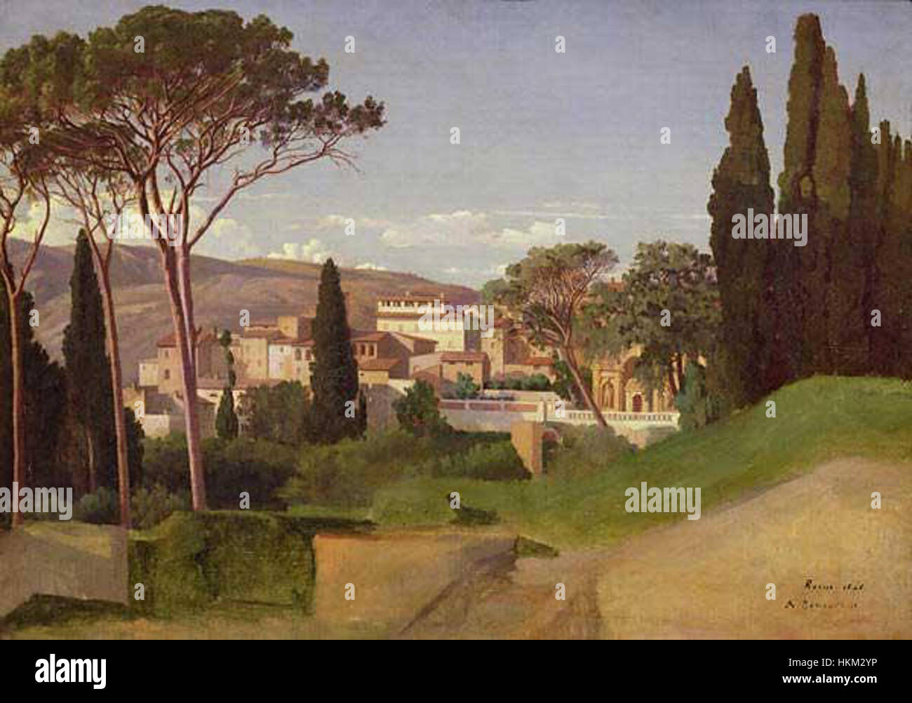 Cette peinture de Benouville représente une villa romaine, capturant les détails architecturaux et les environs de la villa. Le travail offre un aperçu des styles architecturaux de la Rome antique, en mettant l'accent sur la structure de la villa et l'environnement naturel. Banque D'Images