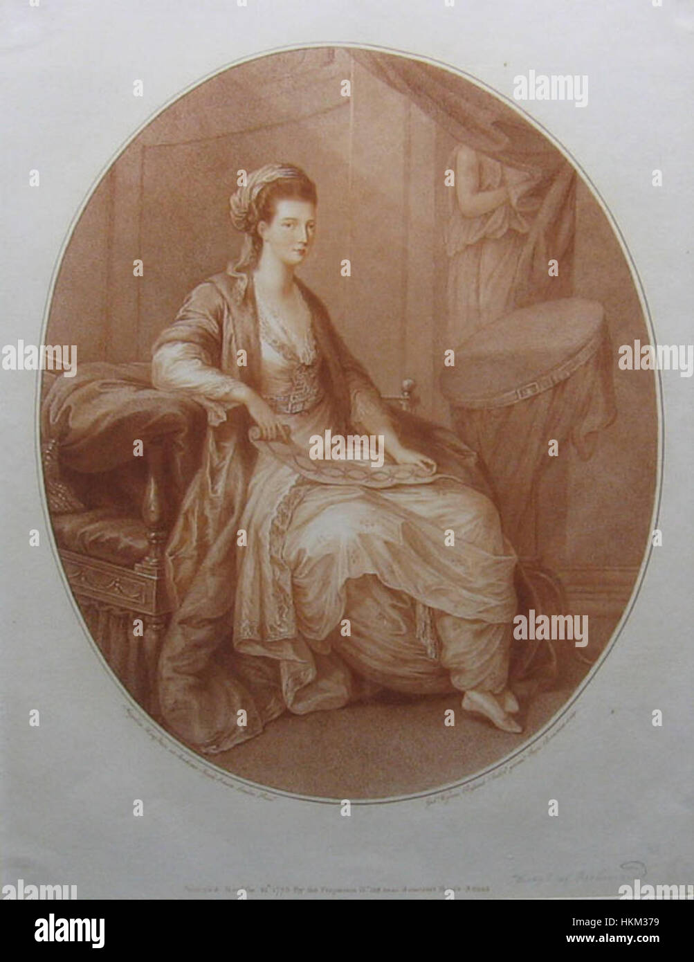 Cette gravure en pointillés, datant de 1775, représente la duchesse de Richmond. La technique délicate capture son portrait élégant, avec une attention particulière aux détails, mettant en valeur la mode et le style aristocratique du XVIIIe siècle. Banque D'Images