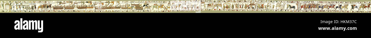 La tapisserie de Bayeux, célèbre artefact du XIe siècle, représente les événements qui ont mené à la conquête normande de l'Angleterre. La tapisserie est connue pour ses broderies complexes et son récit historique, ce qui en fait un exemple clé de la vie médiévale Banque D'Images