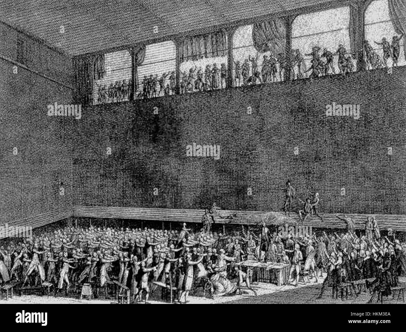 Le serment de jeu de paume est un tableau emblématique de Berthault représentant le moment de la Révolution française où les membres du tiers État jurèrent de ne pas se séparer avant la formation d'une nouvelle constitution. Cette œuvre d'art historique capture l'esprit révolutionnaire de 1789, soulignant l'unité et le défi du peuple contre la monarchie. Banque D'Images