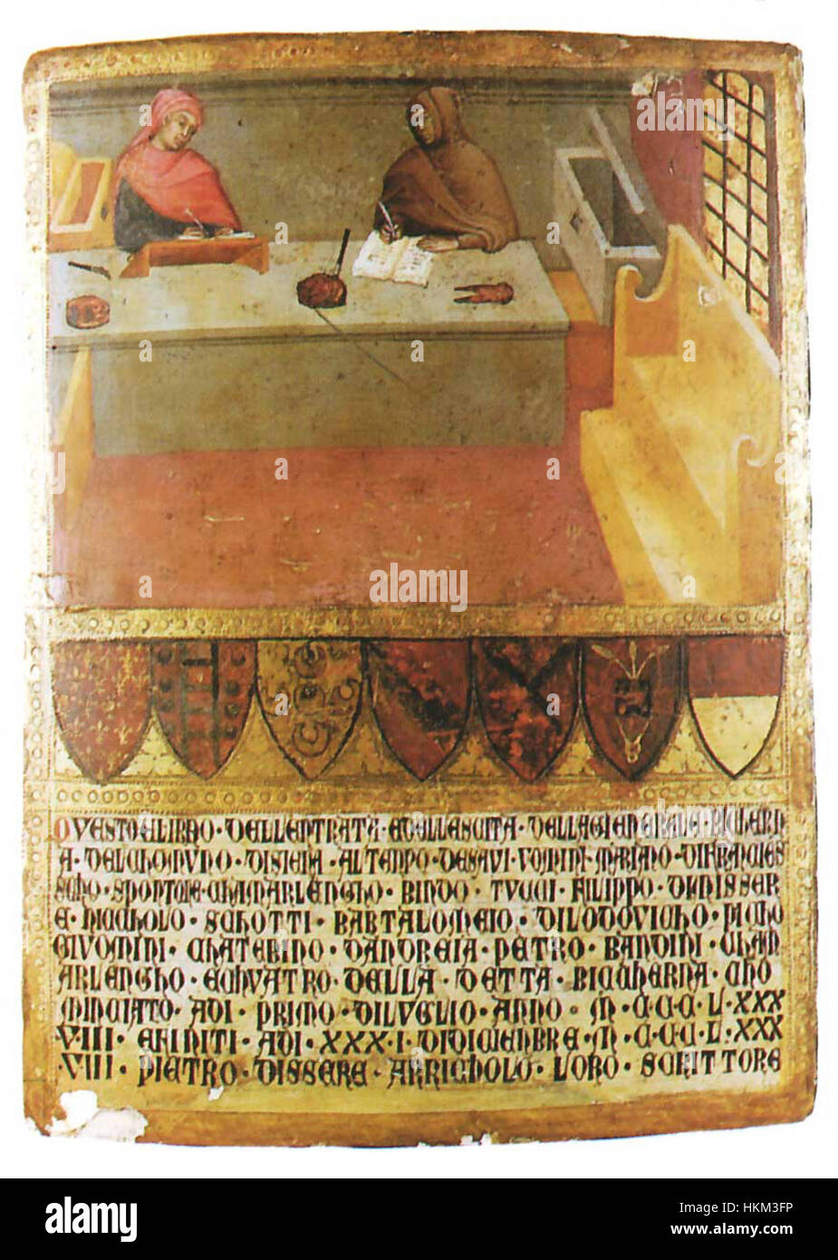 L'art de Biccherna se caractérise par des représentations détaillées et vivantes, illustrant souvent des thèmes religieux ou culturels. Il reflète la riche histoire et l'artisanat de la peinture médiévale italienne, souvent vue dans les retables et les travaux publics. Banque D'Images