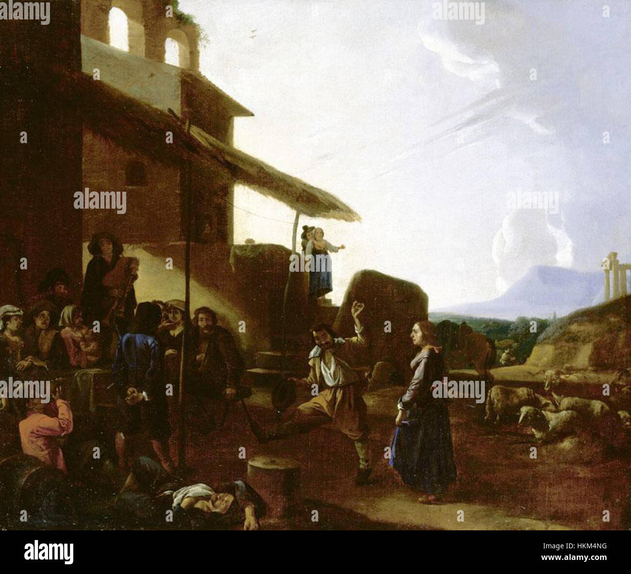 La « scène de rue à Rome » de Michel-Ange Cerquozzi capture le dynamisme de la vie urbaine dans la Rome du XVIIe siècle. La peinture à l'huile présente les activités quotidiennes, les vendeurs de rue et les détails architecturaux de l'époque. Banque D'Images