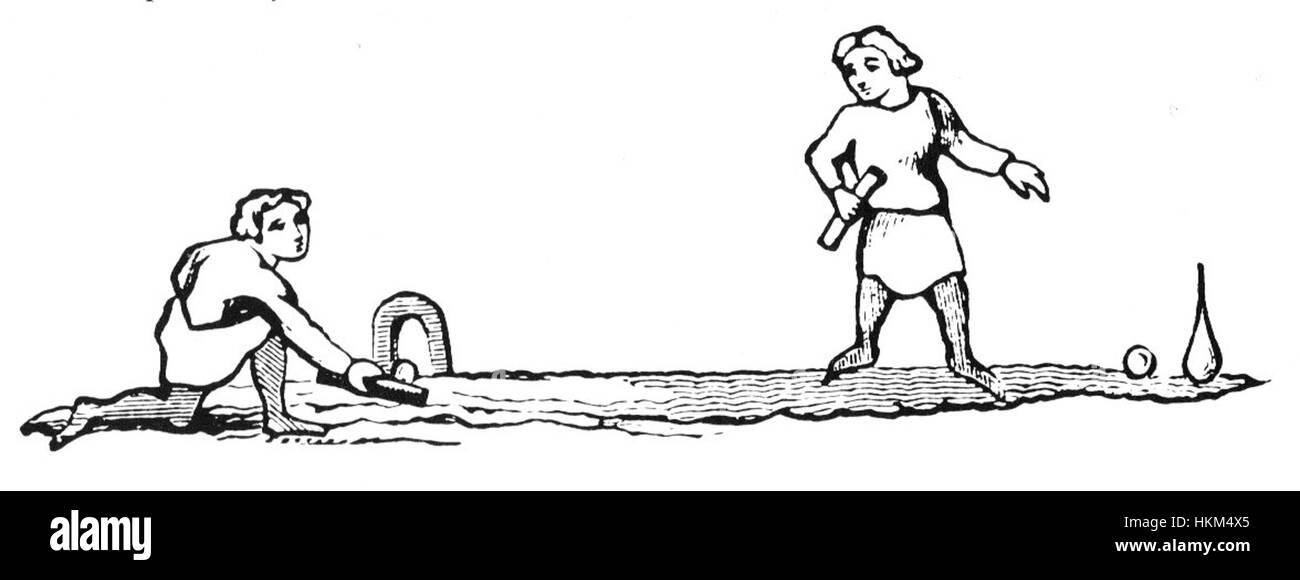 La gravure sur bois de 1801 intitulée '1300s Ground Billiards' illustre une première version du billard, montrant comment le jeu était joué au XIVe siècle. L'illustration capture les racines historiques et l'évolution précoce du jeu. Banque D'Images