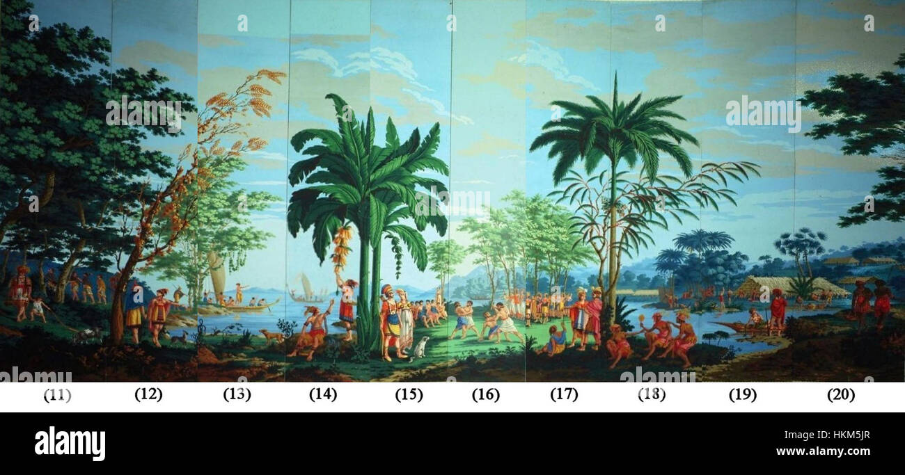 'Sauvages' de la Mer Pacifique, panneaux, papier peint sur bois de 11-20 conçu par --Jean-Gabriel Charvet-- et fabriqué par --Joseph Dufour-- Banque D'Images