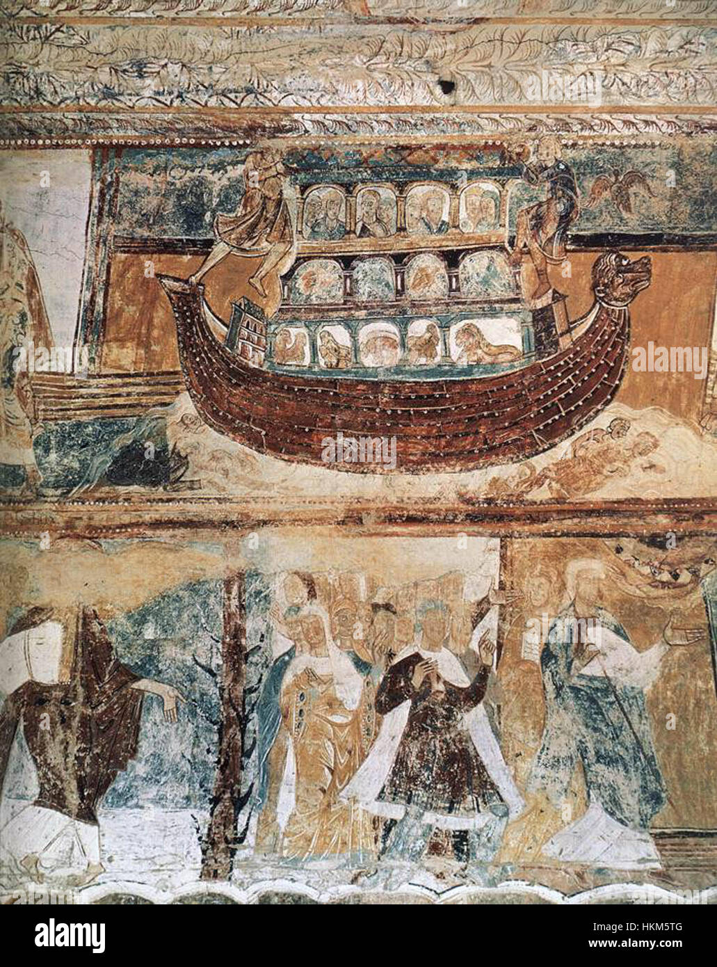 Cette peinture du XIe siècle, attribuée à des artistes inconnus, dépeint l’histoire biblique de l’Arkansas de Noé. L'œuvre illustre l'arche, les animaux et le déluge, reflétant les interprétations artistiques médiévales du récit biblique bien connu. Banque D'Images