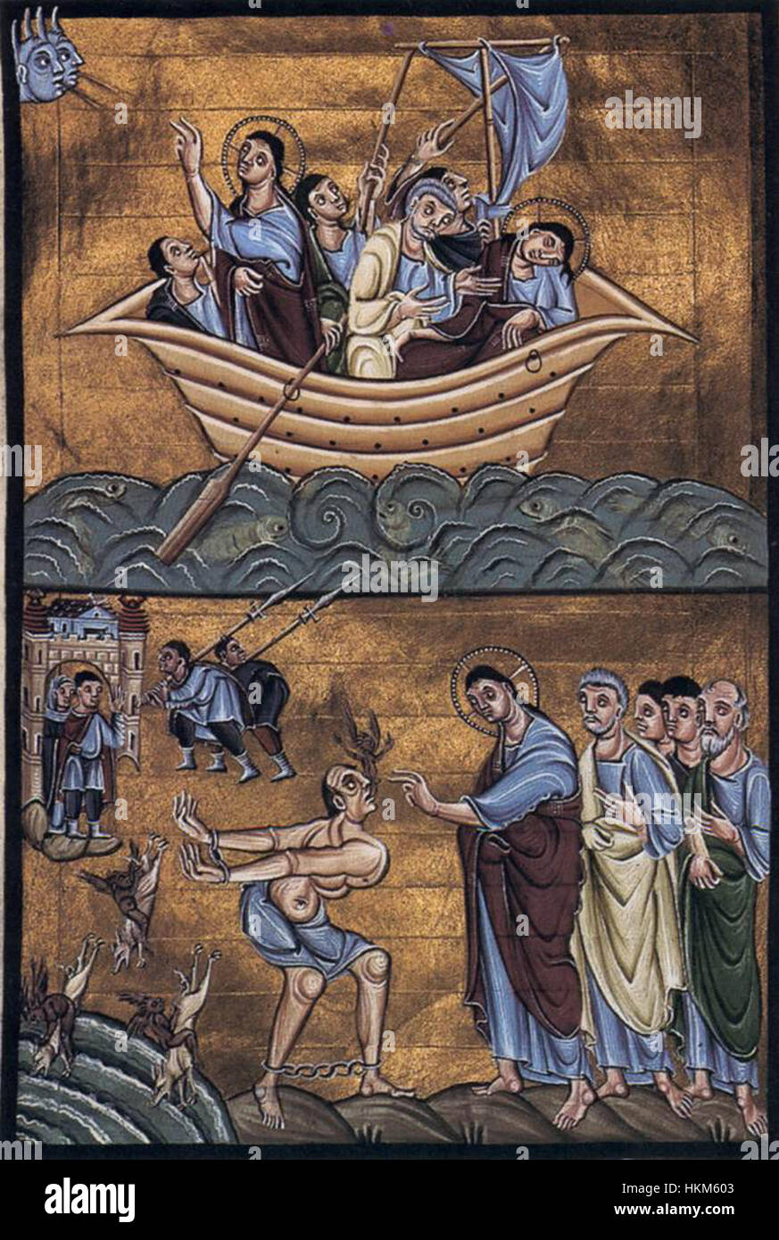 Le Livre de l'Évangile d'Otton III, créé par des peintres du XIe siècle, est un chef-d'œuvre du moyen-Orient Ce manuscrit enluminé est réputé pour ses représentations vives de scènes religieuses, mettant en valeur le style complexe et l'artisanat de l'époque. Banque D'Images