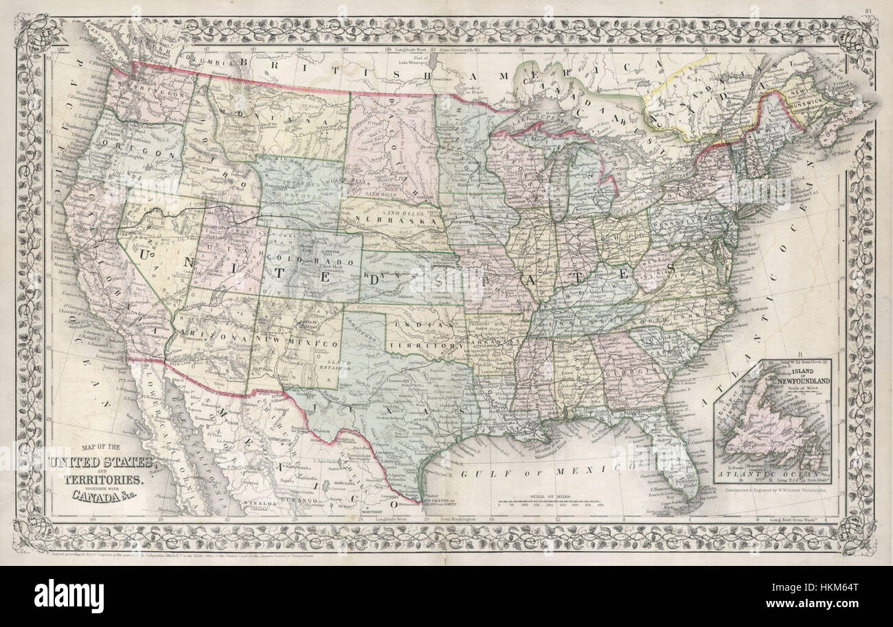 Cette carte des États-Unis de 1867, créée par Mitchell, offre un regard détaillé sur la géographie du pays après la guerre de Sécession. Il comprend à la fois des caractéristiques physiques et politiques, offrant un aperçu historique de l'état de l'Amérique à l'époque. Banque D'Images