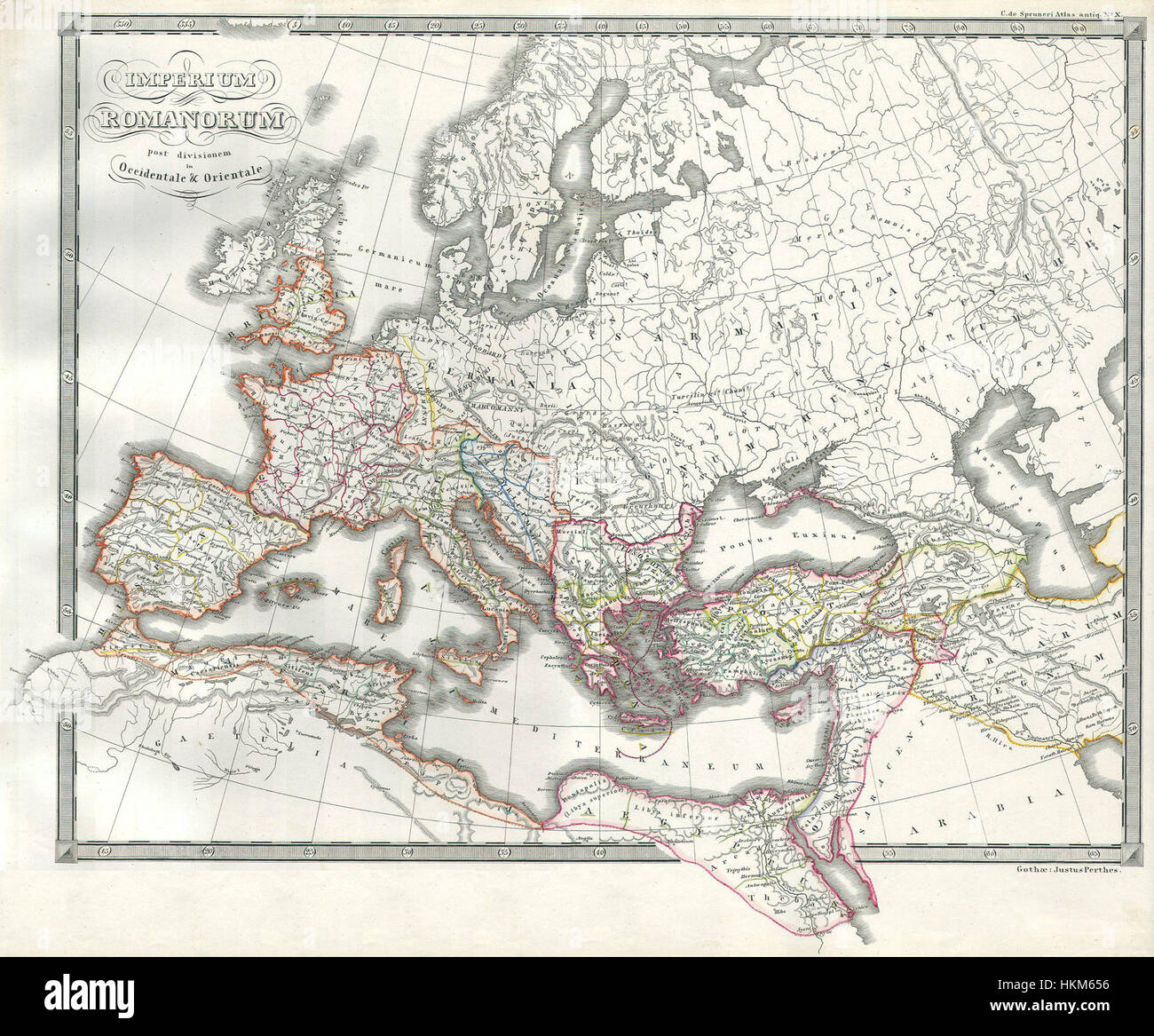 1850 La carte de l'Empire romain comme divisé en est et ouest (Rome Antique) - Geographicus - RomeDivided-spruneri-1850 Banque D'Images