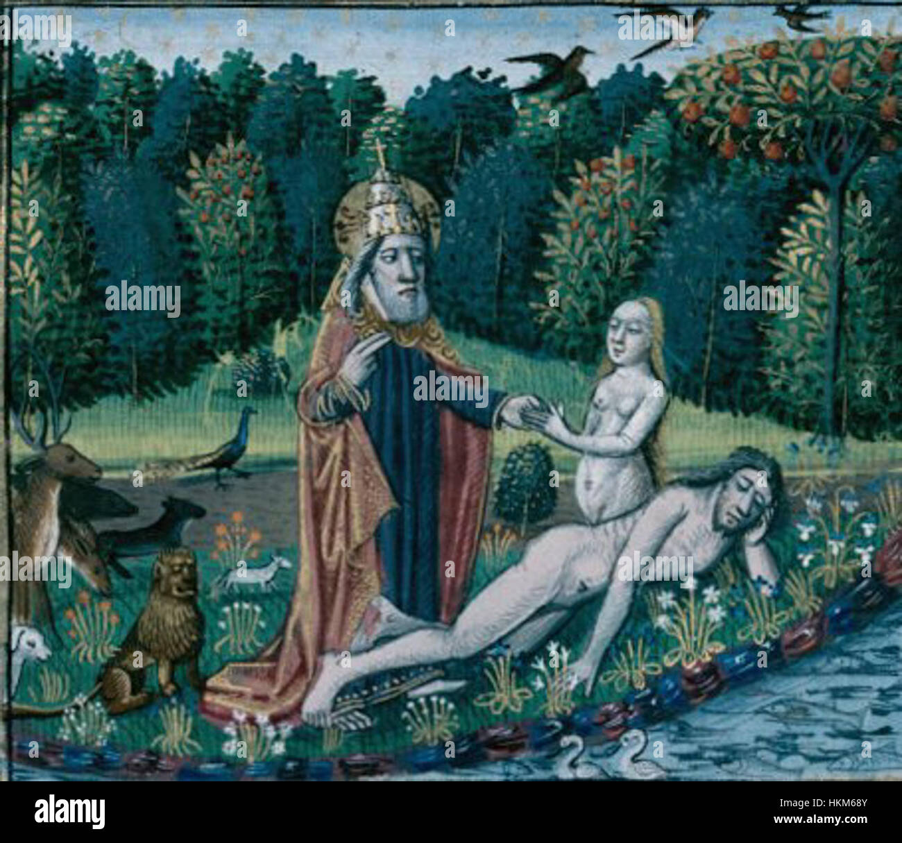 Une peinture illustrant l'histoire biblique d'Adam et Ève, accompagnée d'animaux et d'un prêtre près d'une rivière, présentant des thèmes d'innocence, de création et de la chute de l'homme dans l'art chrétien. Banque D'Images