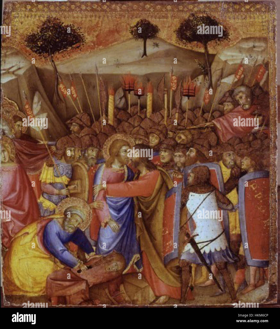 Cette œuvre du début du XVe siècle d’Andrea di Bartolo, *Christ fait prisonnier*, est un exemple de peinture gothique italienne, représentant le moment dramatique de l’arrestation du Christ avec une émotion vive et un symbolisme religieux. Banque D'Images