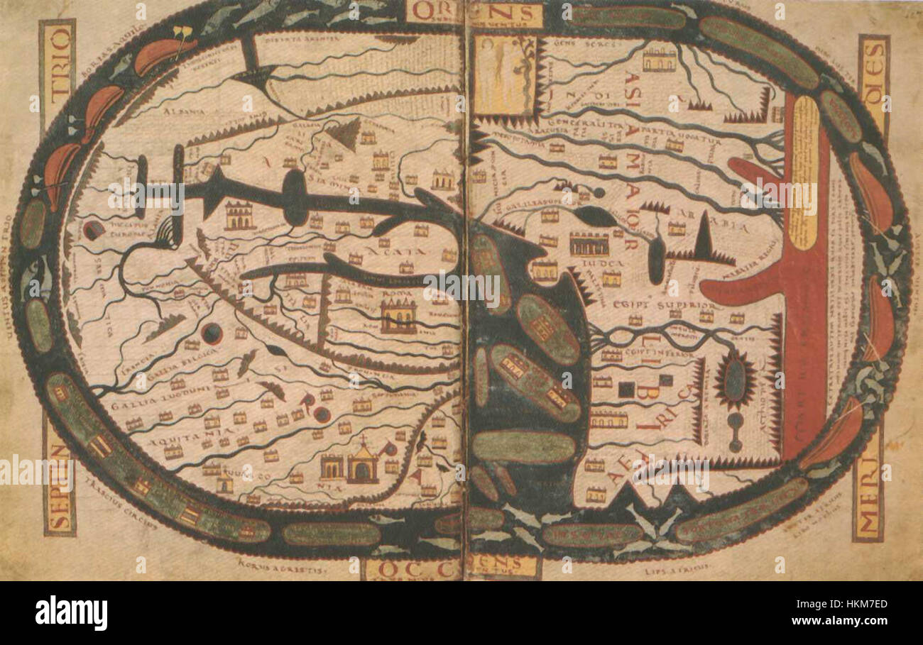 Le manuscrit de l'Apocalypse, en particulier les folios 45v et 46r, contient une carte du monde médiéval détaillée. La carte fournit une représentation du monde connu pendant la période médiévale, illustrant les perceptions géographiques et culturelles de l'époque. Banque D'Images