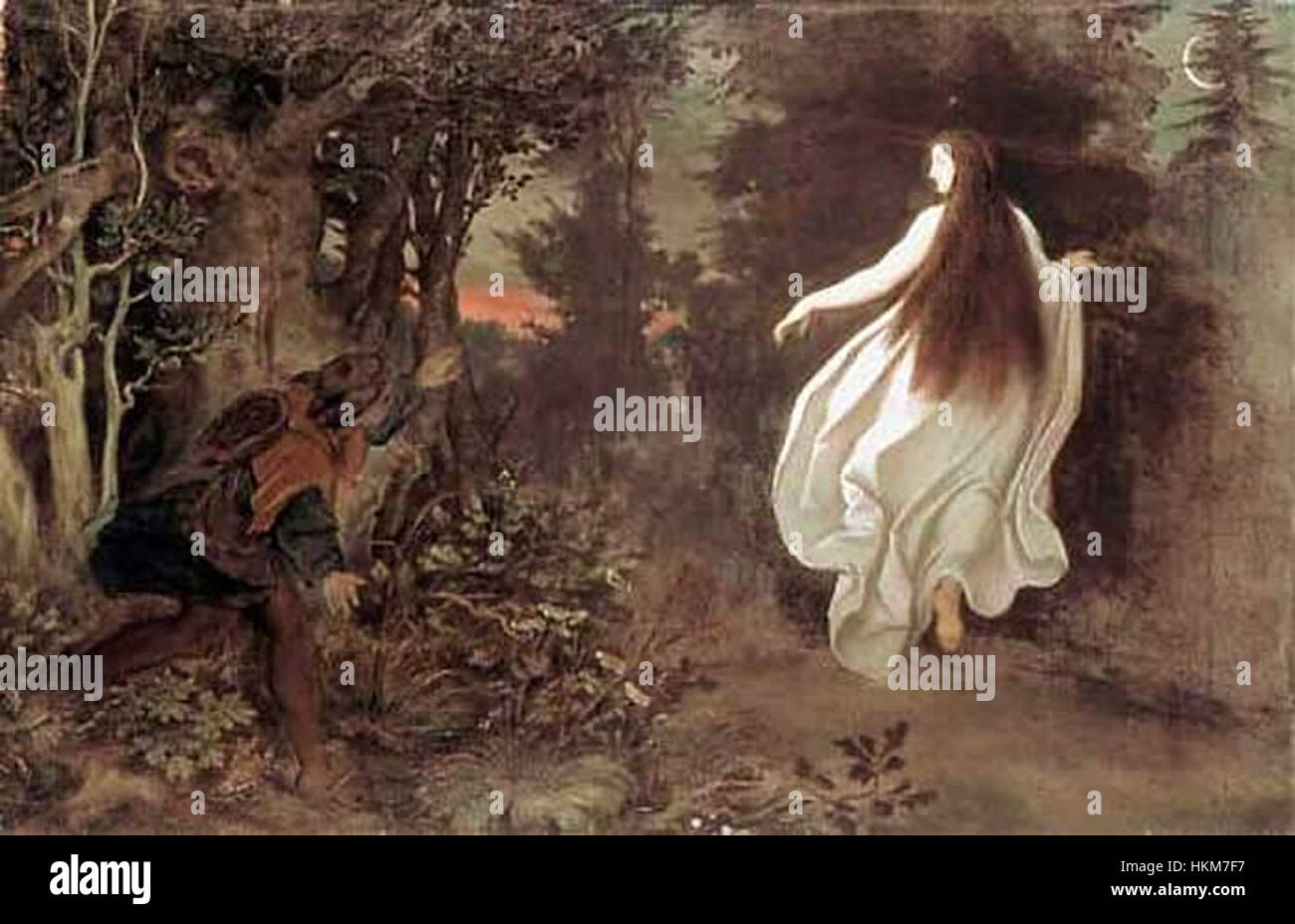 Apparition dans les bois de Moritz von Schwind représente une scène mystique et obsédante dans une forêt. L'œuvre capture la nature éthérée de l'apparition, mélangeant le surnaturel avec le paysage naturel. Banque D'Images