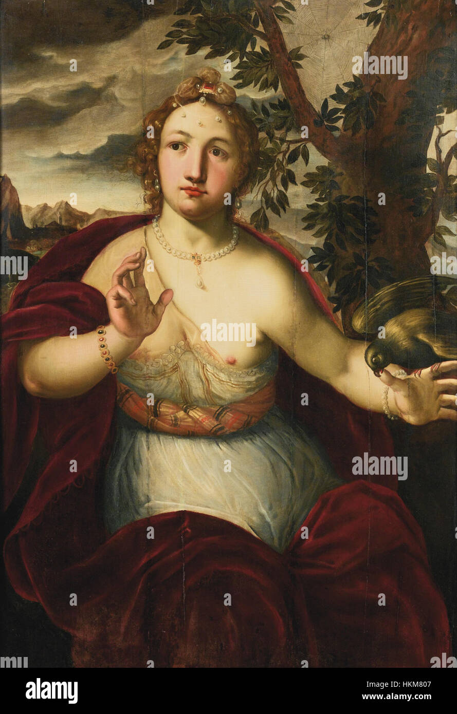 Ce tableau, attribué à Otto van Veen, représente une scène dramatique d'une dame mordue par un perroquet. L'œuvre présente des couleurs vives et des détails complexes, mettant en valeur la tension et l'émotion dans ce moment. Banque D'Images