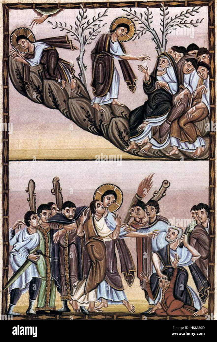 Le Livre de l'Évangile d'Otton III, créé par des peintres du XIe siècle, est un manuscrit enluminé important. Cette œuvre d'art contient des représentations vives de scènes bibliques, mettant en valeur l'artisanat complexe des peintres médiévaux. Banque D'Images