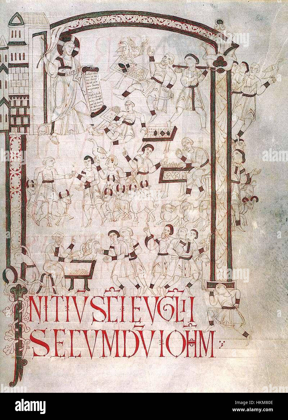 Une peinture du XIe siècle, qui fait partie du Livre de l'Évangile de Mathilde, représentant la scène biblique de la purification du Temple. Cette œuvre médiévale reflète les thèmes religieux et le style artistique de l'époque, illustrant un moment clé de l'histoire chrétienne. Banque D'Images