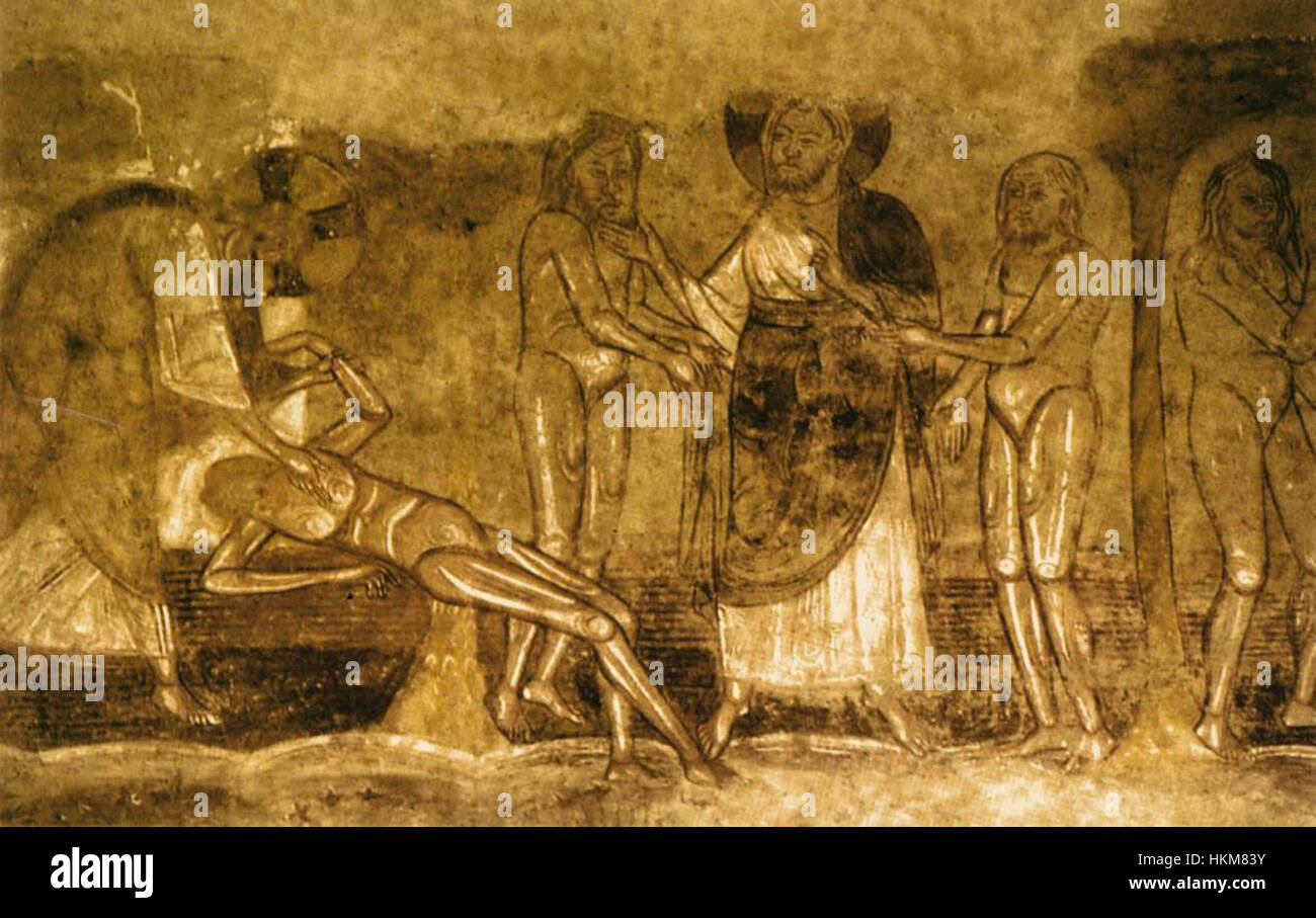 Cette œuvre du XIe siècle, peinte par un artiste inconnu, représente la création biblique d'Adam et Eve. La pièce capture le moment de la création divine avec une signification historique et religieuse. Banque D'Images