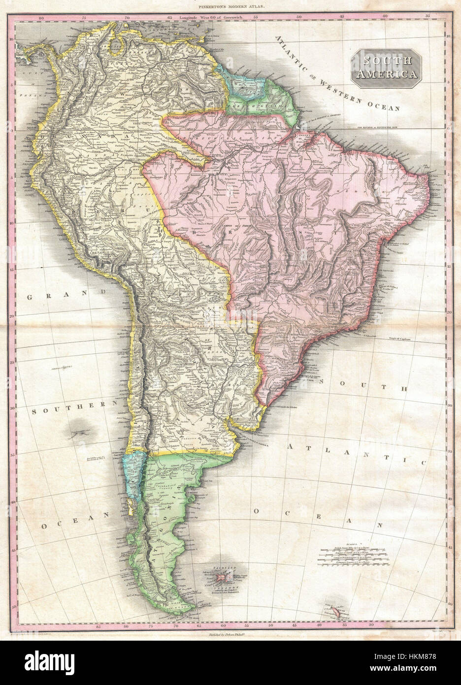 La carte Pinkerton de l'Amérique du Sud de 1818, créée par le géographe écossais John Pinkerton, fournit une vue détaillée des caractéristiques géographiques du continent au début du XIXe siècle. Cette carte est un document historique important, offrant un aperçu des frontières politiques et physiques de l'époque. Banque D'Images