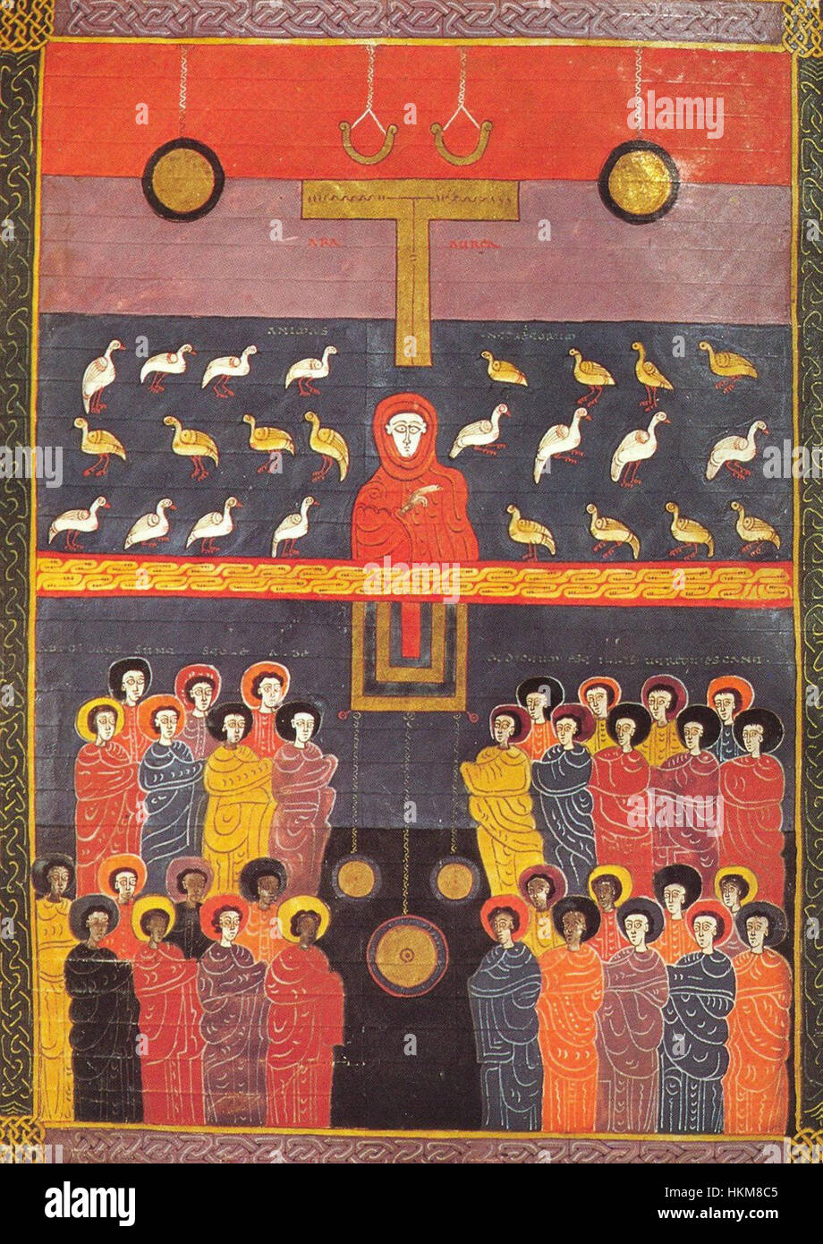 La page 138v du manuscrit *B Facundus* présente un exemple frappant d'illumination médiévale. Le manuscrit, probablement produit au XIe siècle, comprend des représentations religieuses complexes et des éléments décoratifs ornés typiques de cette période. Banque D'Images