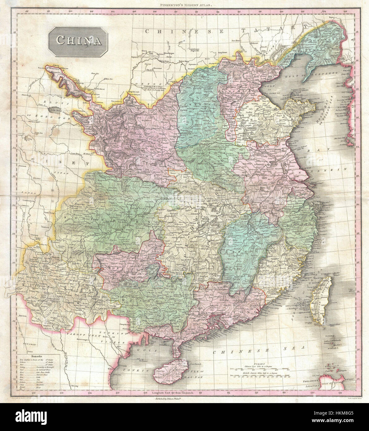 La carte Pinkerton de Chine de 1818, mettant en vedette Taiwan (Formose), est une carte historique qui reflète les perspectives géopolitiques et territoriales de la Chine du début du XIXe siècle. Il fournit un aperçu important de la représentation cartographique de la région à l'époque de l'exploration européenne. Banque D'Images