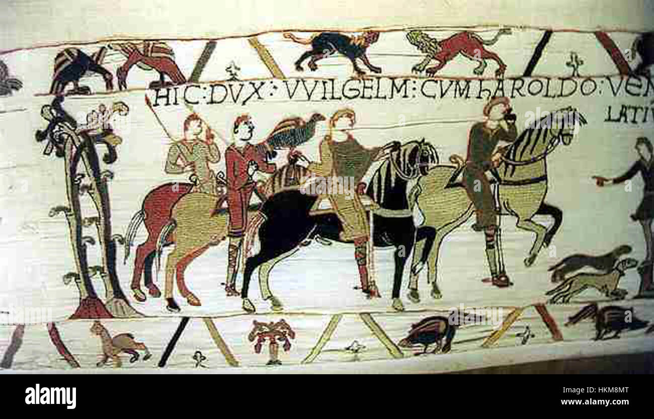 Un détail de la tapisserie de Bayeux, montrant une scène de faucon. Cette œuvre d'art textile emblématique du XIe siècle raconte les événements qui ont conduit à la conquête normande de l'Angleterre, avec des représentations détaillées de la vie médiévale et des activités comme la chasse. Banque D'Images