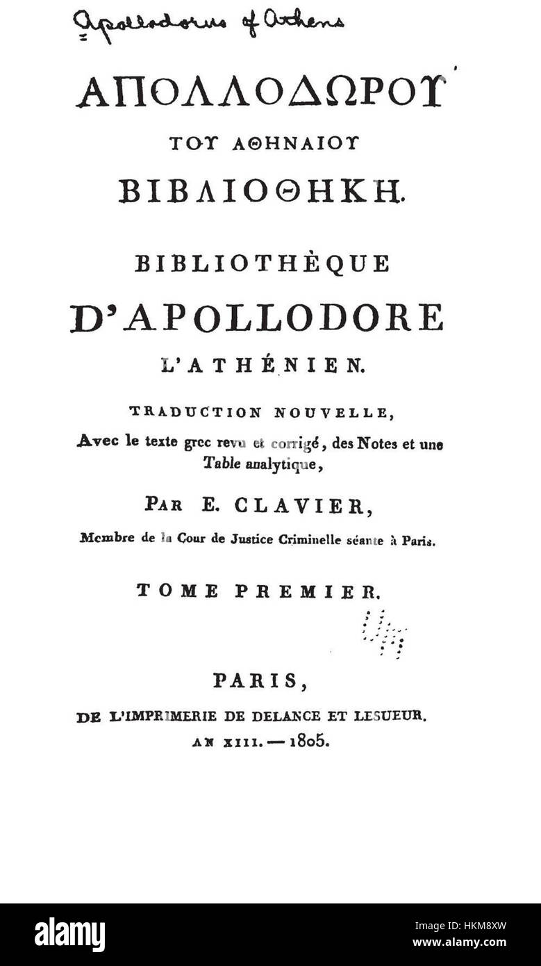 'Bibliotheke des Apollodor' est une peinture classique qui s'inspire de la mythologie grecque antique, représentant les histoires mythologiques trouvées dans la Bibliothèque d'Apollodorus. La peinture capture des moments clés du monde mythologique, illustrant les thèmes anciens de l'héroïsme et de l'intervention divine. Banque D'Images