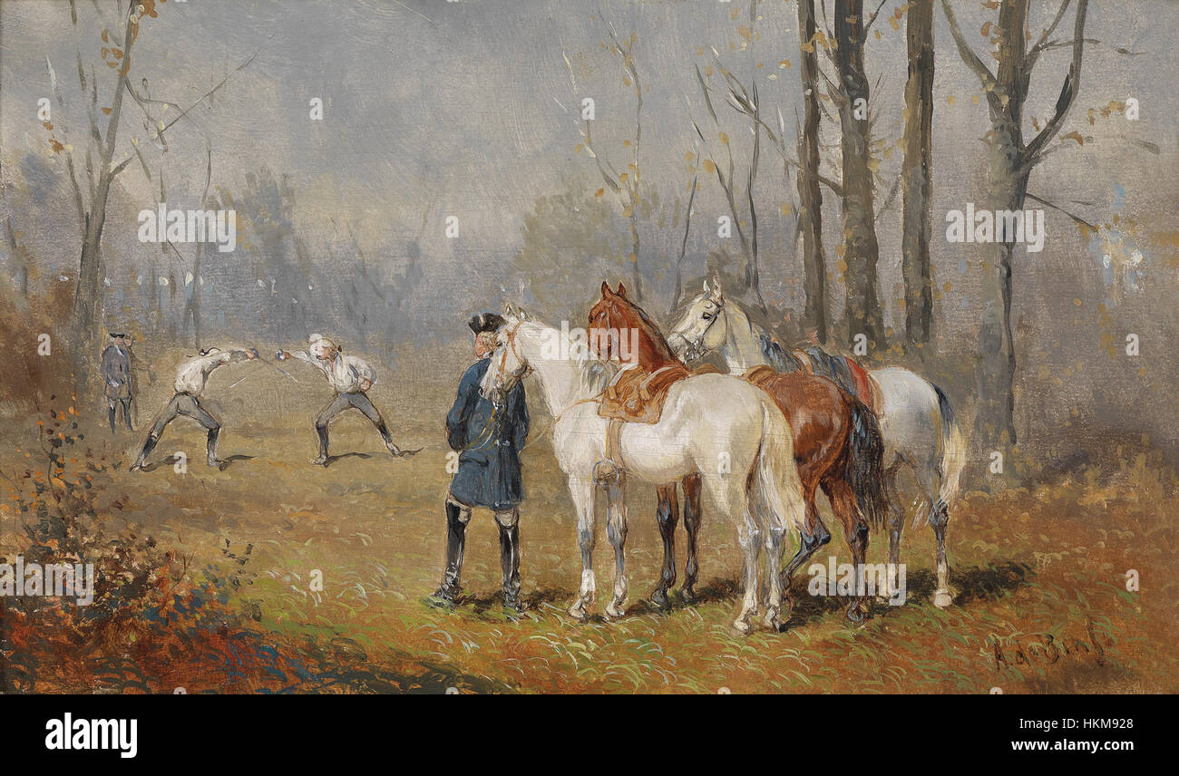 'DAS Duell' d'Alexander von Bensa dépeint une scène de duel dramatique, mettant en valeur l'intensité et l'émotion d'une confrontation historique. La peinture à l'huile reflète l'attention de l'artiste aux détails et aux thèmes historiques, communs dans les européens du XIXe siècle Banque D'Images