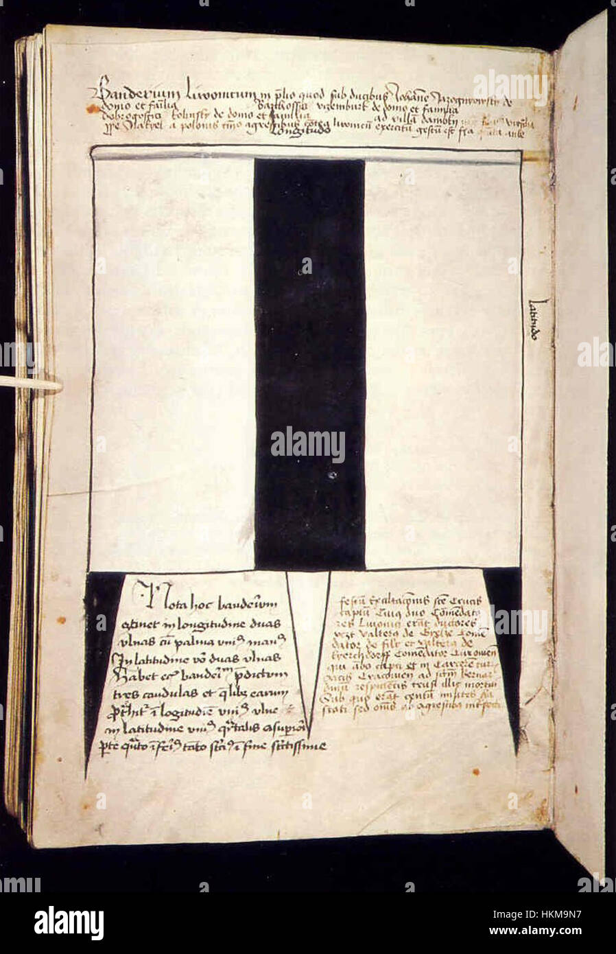 Banderia Prutenorum est un manuscrit médiéval qui détaille les bannières utilisées lors de la bataille de Grunwald. L'illustration de la page 46v représente les insignes militaires des forces polonaises et lituaniennes. Banque D'Images