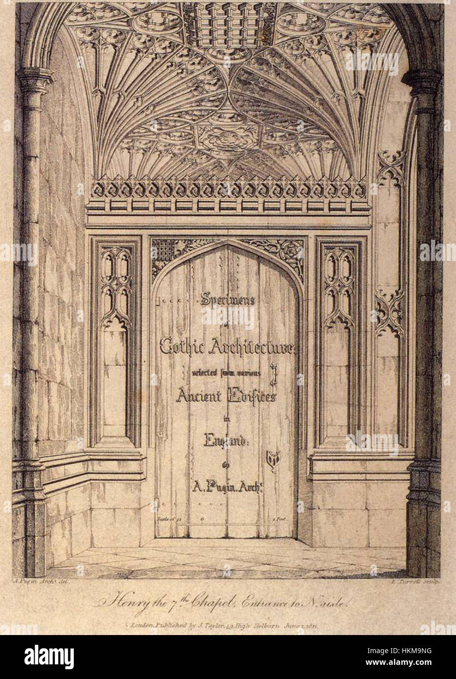 Frontispice des « spécimens d'architecture gothique » d'Auguste Charles Pugin, présentant une illustration détaillée des éléments architecturaux gothiques. L'image met en évidence l'approche savante de Pugin pour l'étude et la préservation du design gothique. Banque D'Images Frontispice des « spécimens d'architecture gothique » d'Auguste Charles Pugin, présentant une illustration détaillée des éléments architecturaux gothiques. L'image met en évidence l'approche savante de Pugin pour l'étude et la préservation du design gothique. Banque D'Images