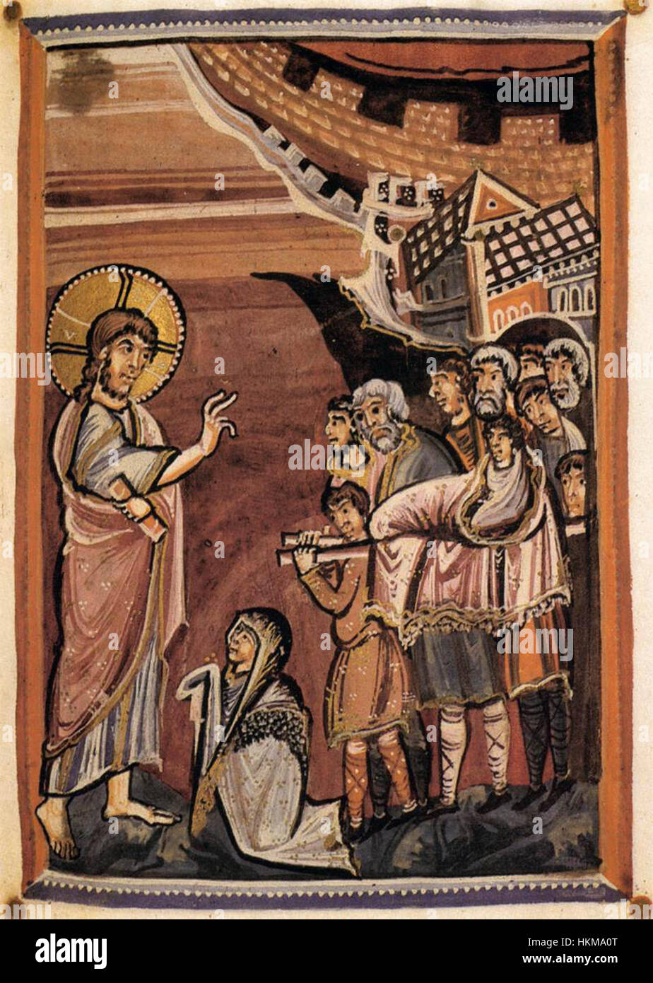 Le *Hitda Codex*, créé par des peintres du XIe siècle, est un manuscrit enluminé important qui reflète l'art et la dévotion religieuse de l'époque. Ce travail combine une imagerie religieuse complexe avec une représentation détaillée de la période médiévale, offrant un aperçu de l'iconographie chrétienne primitive et du manuscrit Banque D'Images