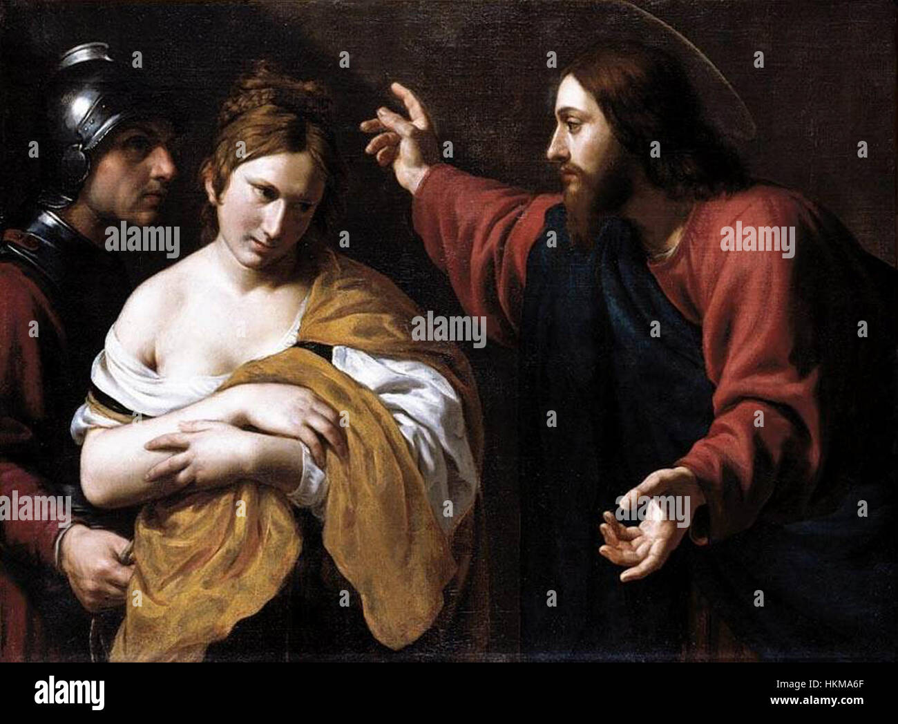 'Christ et la femme pris dans l'adultère' d'Alessandro Turchi (L'Orbetto) dépeint une scène biblique de l'Évangile de Jean. L'utilisation dramatique de la lumière et de l'ombre par Turchi souligne l'intensité émotionnelle du moment, mettant en valeur son style de peinture baroque. Cette œuvre est un exemple précieux de l'art religieux du XVIIe siècle. Banque D'Images