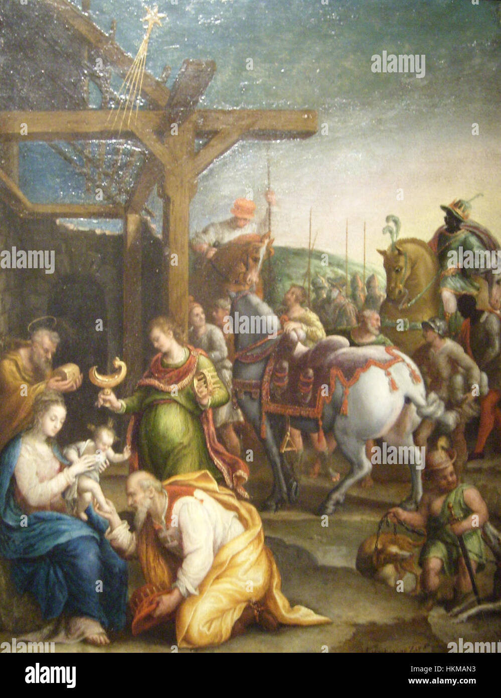 *Adoration des Mages* de Fontana dépeint la scène biblique des trois rois présentant des dons au nouveau-né Jésus. Cette œuvre, riche en style baroque, se concentre sur l’éclairage dramatique, les couleurs riches et les figures détaillées qui caractérisent les représentations religieuses de Fontana. Banque D'Images