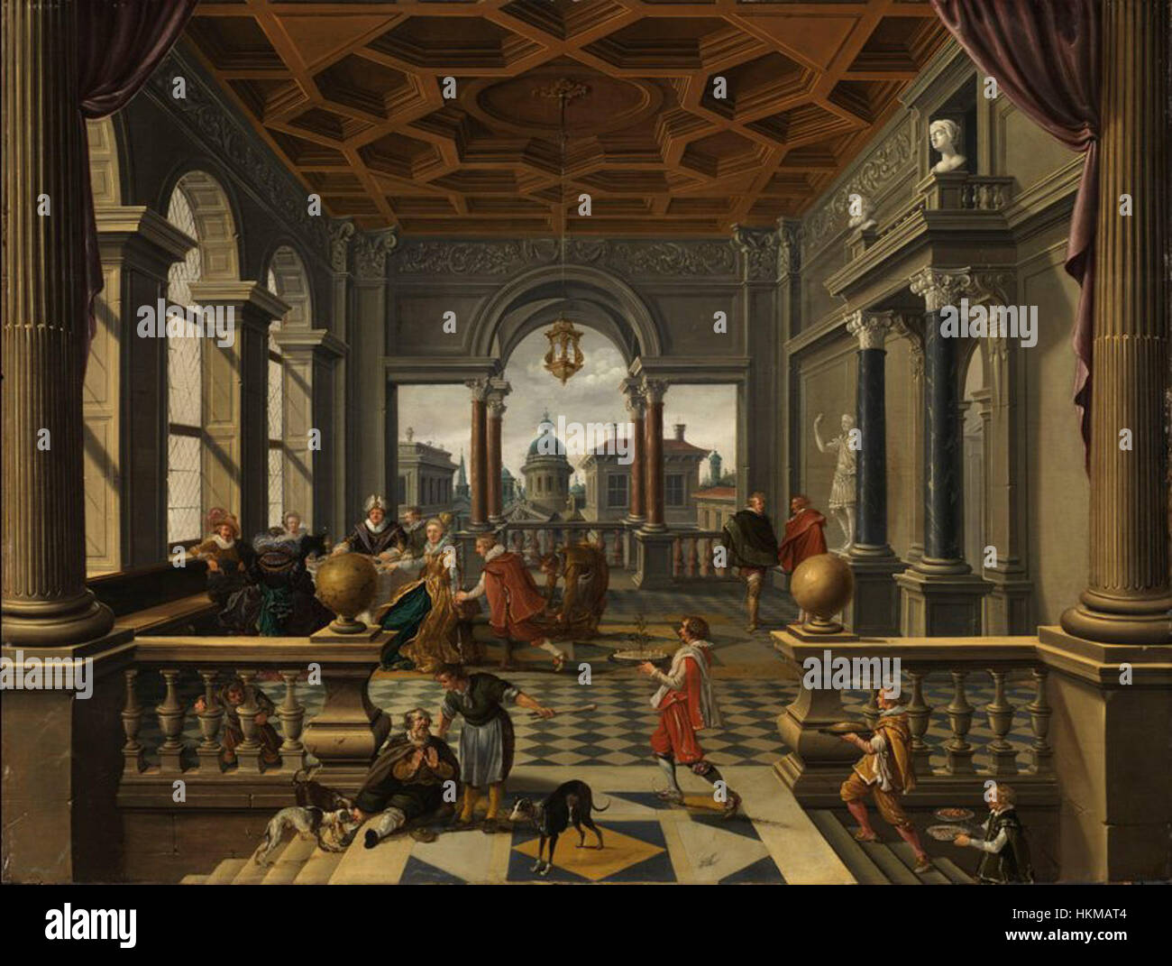 La peinture de Bartholomeus van Bassen, la parabole de l'homme riche et Lazare, de 1620-30, illustre une histoire biblique de contraste entre richesse et pauvreté. La peinture met en évidence la capacité de van Bassen à représenter des thèmes moraux avec des décors dramatiques, reflétant les sentiments religieux de l'époque. Banque D'Images