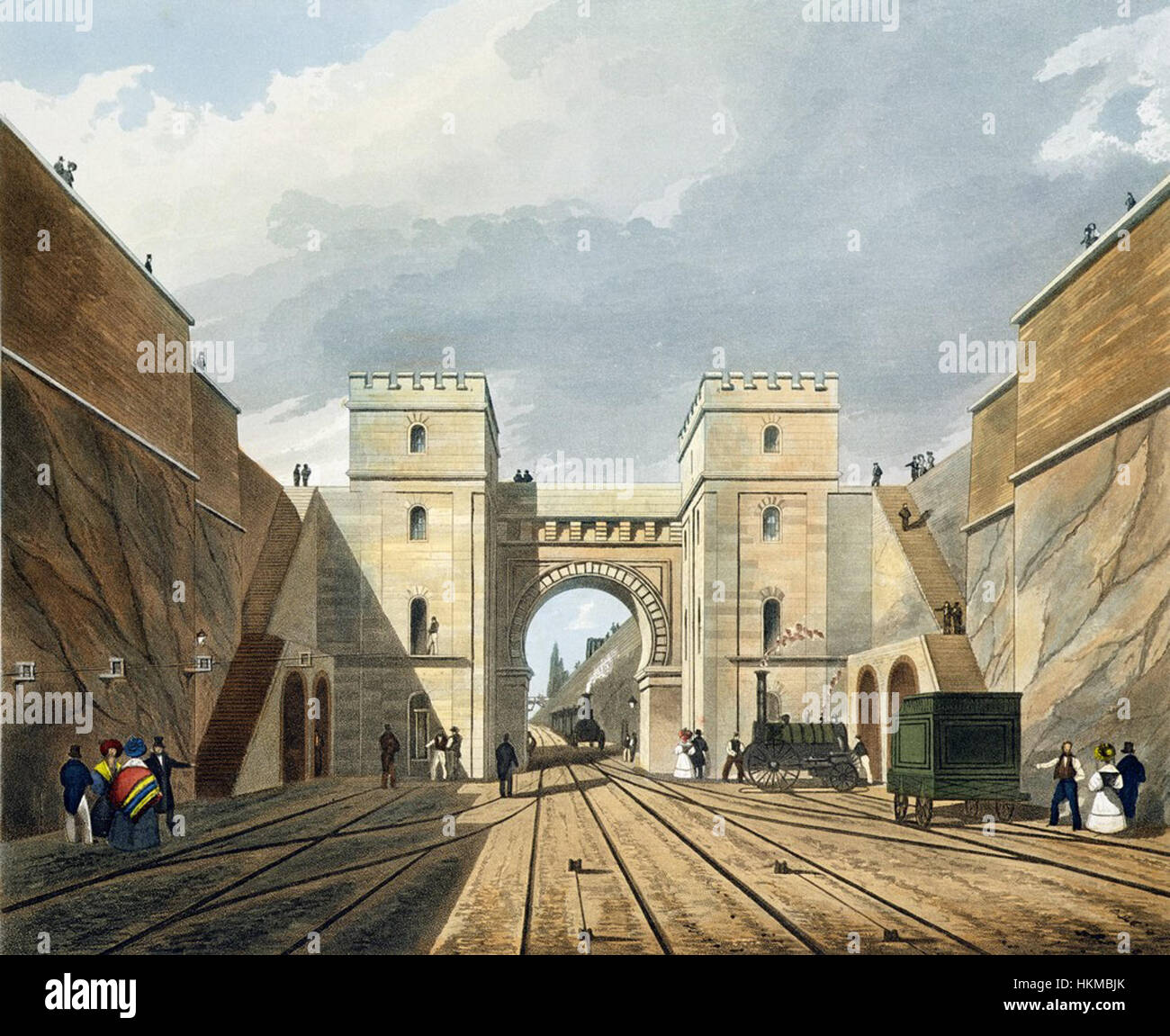 Une représentation de l'Arche mauresque, qui fait partie du chemin de fer de Bury's Liverpool and Manchester, datant de 1831, capturée dans l'art, représentant l'architecture historique et l'ingénierie vintage. Banque D'Images