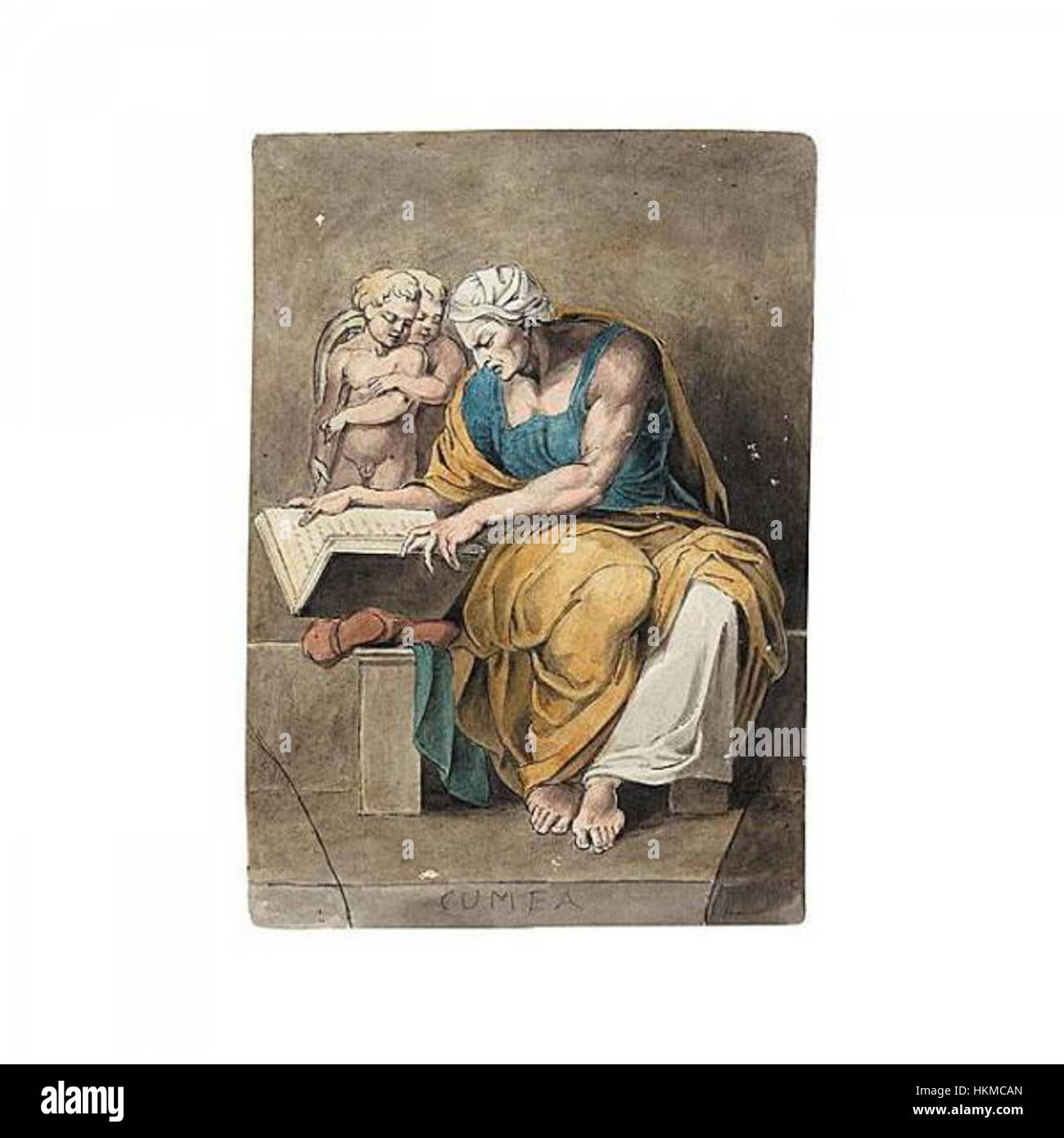 Cette fresque de Michel-Ange, « après le Sibyl cuméen », fait partie du plafond emblématique de la Chapelle Sixtine. Il dépeint la Sibyle, une prophétesse de la mythologie grecque antique, dans une pose dynamique, reflétant la maîtrise de Michel-Ange dans la transmission du mouvement et de l'émotion. Banque D'Images