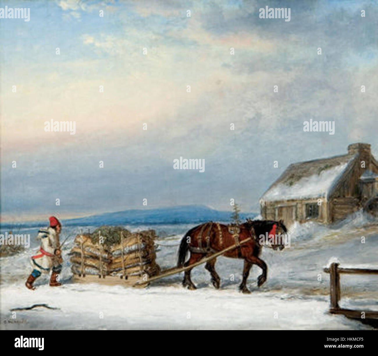 La peinture à l'huile de Cornelius Krieghoff, « figure, maison et traîneau dans la neige », capture une scène hivernale avec une figure, une maison et un traîneau dans un paysage enneigé. Banque D'Images