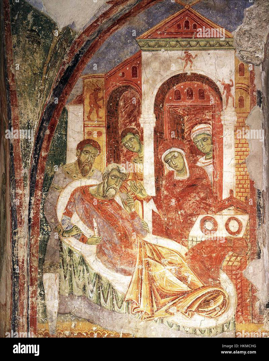 Cette œuvre du XIe siècle réalisée par un artiste inconnu dépeint la mort du roi Hérode, un moment dramatique de l'histoire biblique. La peinture capture l'intensité émotionnelle et la signification historique de la disparition d'Hérode, en utilisant des techniques artistiques médiévales. Banque D'Images