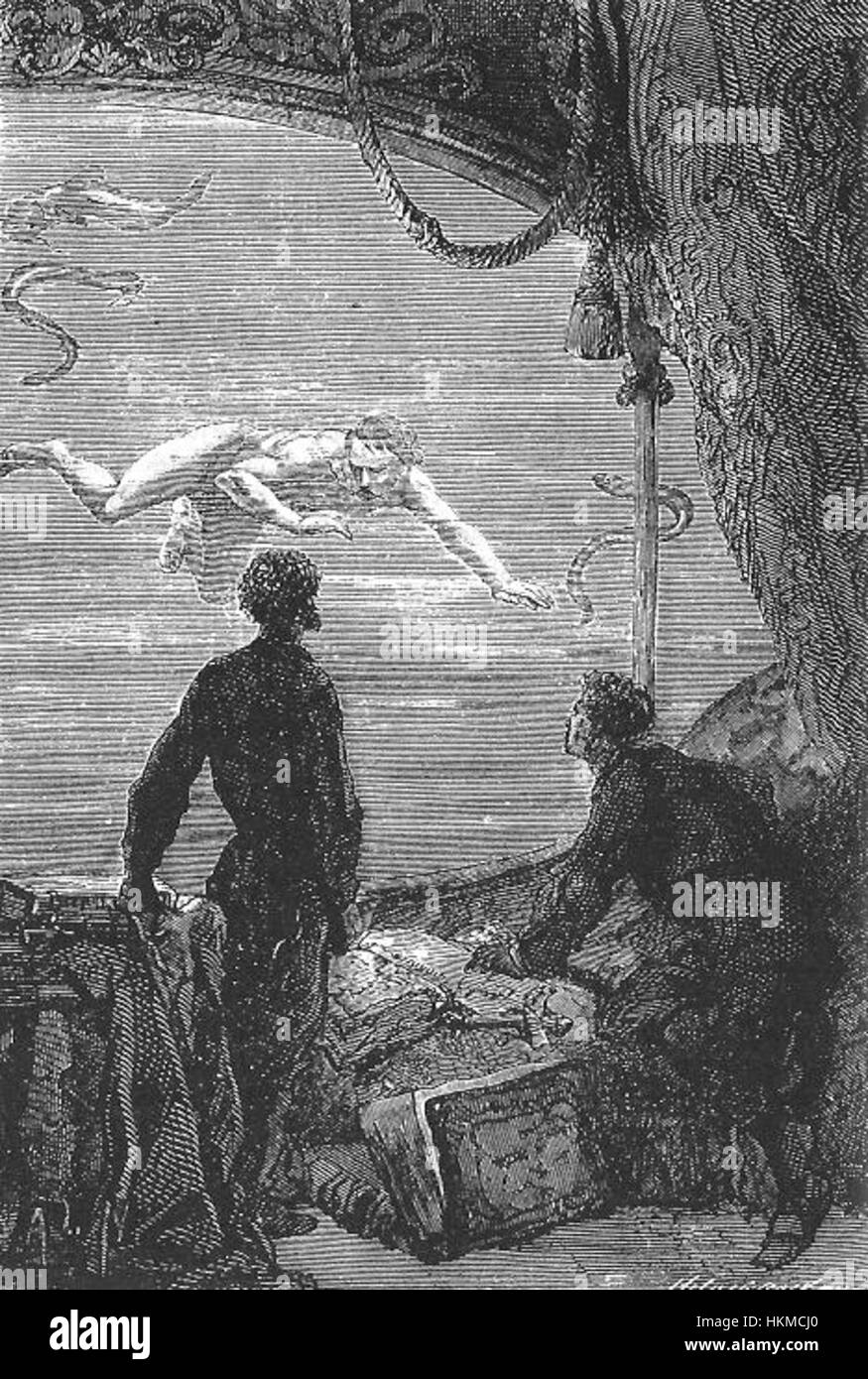 Une représentation du sous-marin du capitaine Nemo de *vingt mille lieues sous la mer* par Neuville et Riou, illustrant l’aventure sous-marine du célèbre roman de Jules Verne. Cette œuvre capture l'imagination débordante de la science-fiction du XIXe siècle. Banque D'Images