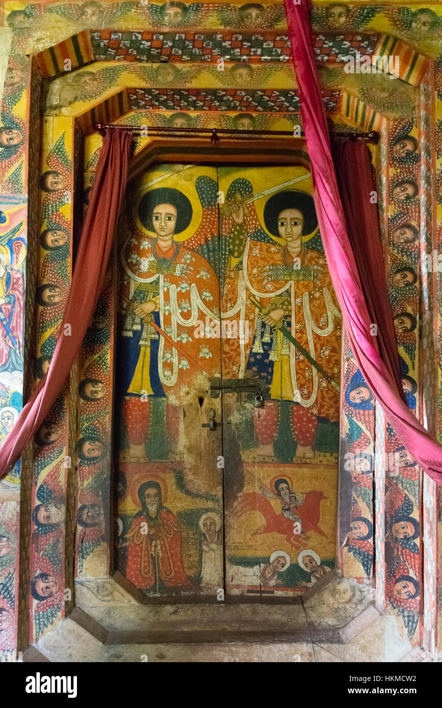Peinture murale au 14e siècle Monastère Ura Kidane Mehret (Église orthodoxe éthiopienne), dans la péninsule de Zege Lac Tana, Bahir Dar, Ethiopie Banque D'Images