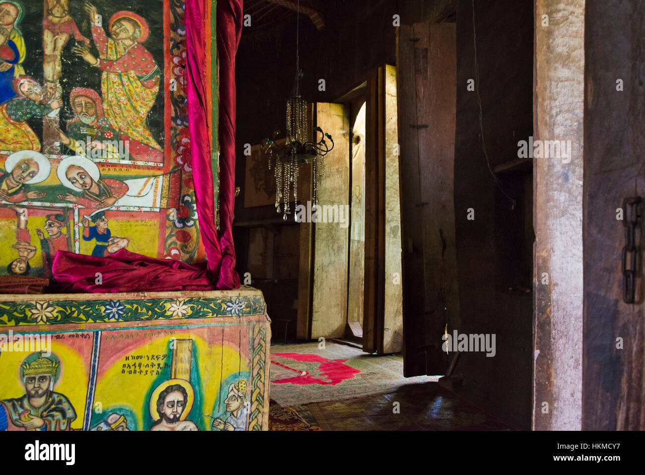 Murale intérieur l'ancien 14e siècle Ura Kidane Mehret Monastère (Église orthodoxe éthiopienne), dans la péninsule de Zege Lac Tana, Bahir Dar, Ethiopie Banque D'Images