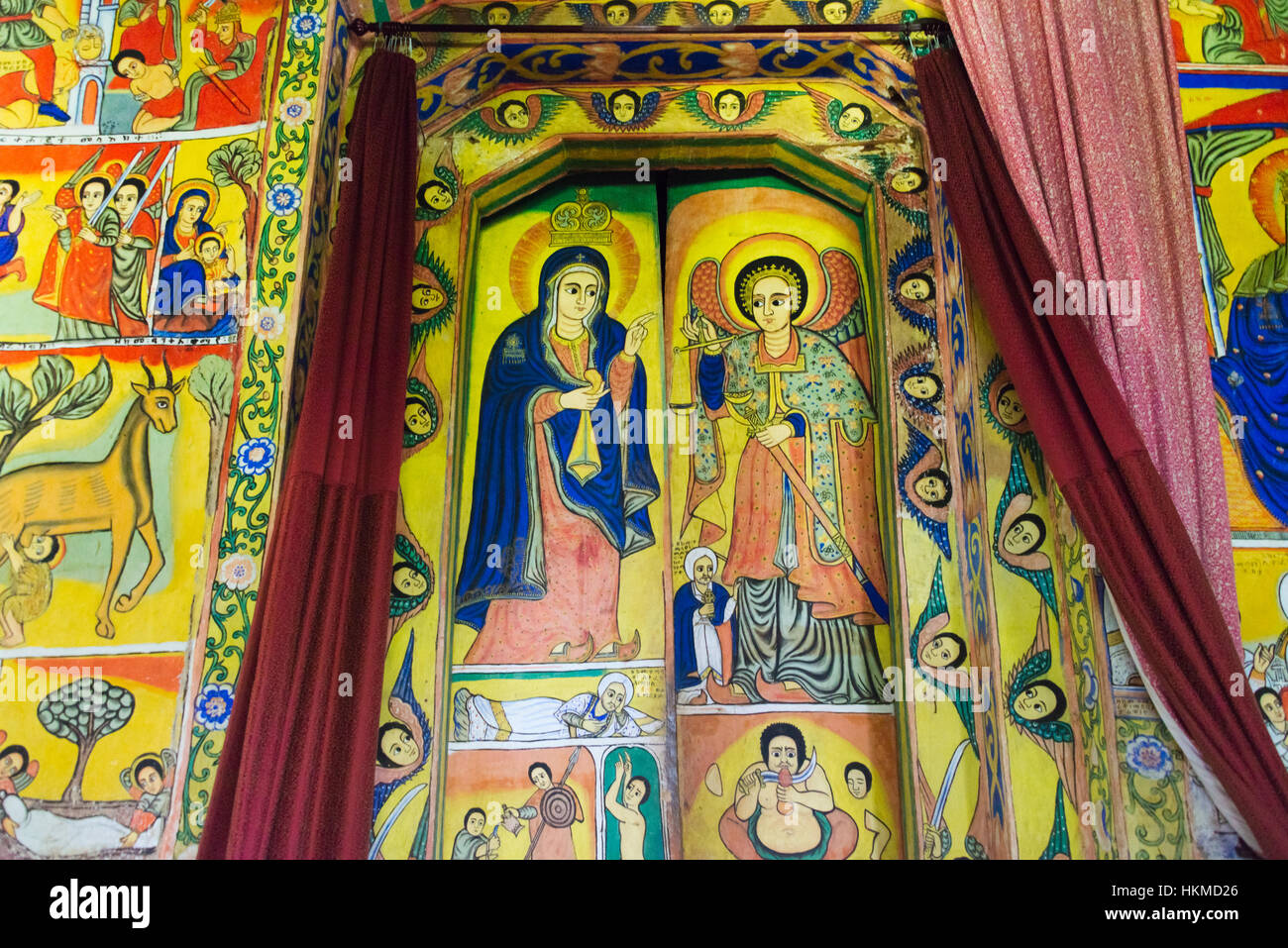 Peinture murale au 14e siècle Monastère Ura Kidane Mehret (Église orthodoxe éthiopienne), dans la péninsule de Zege Lac Tana, Bahir Dar, Ethiopie Banque D'Images