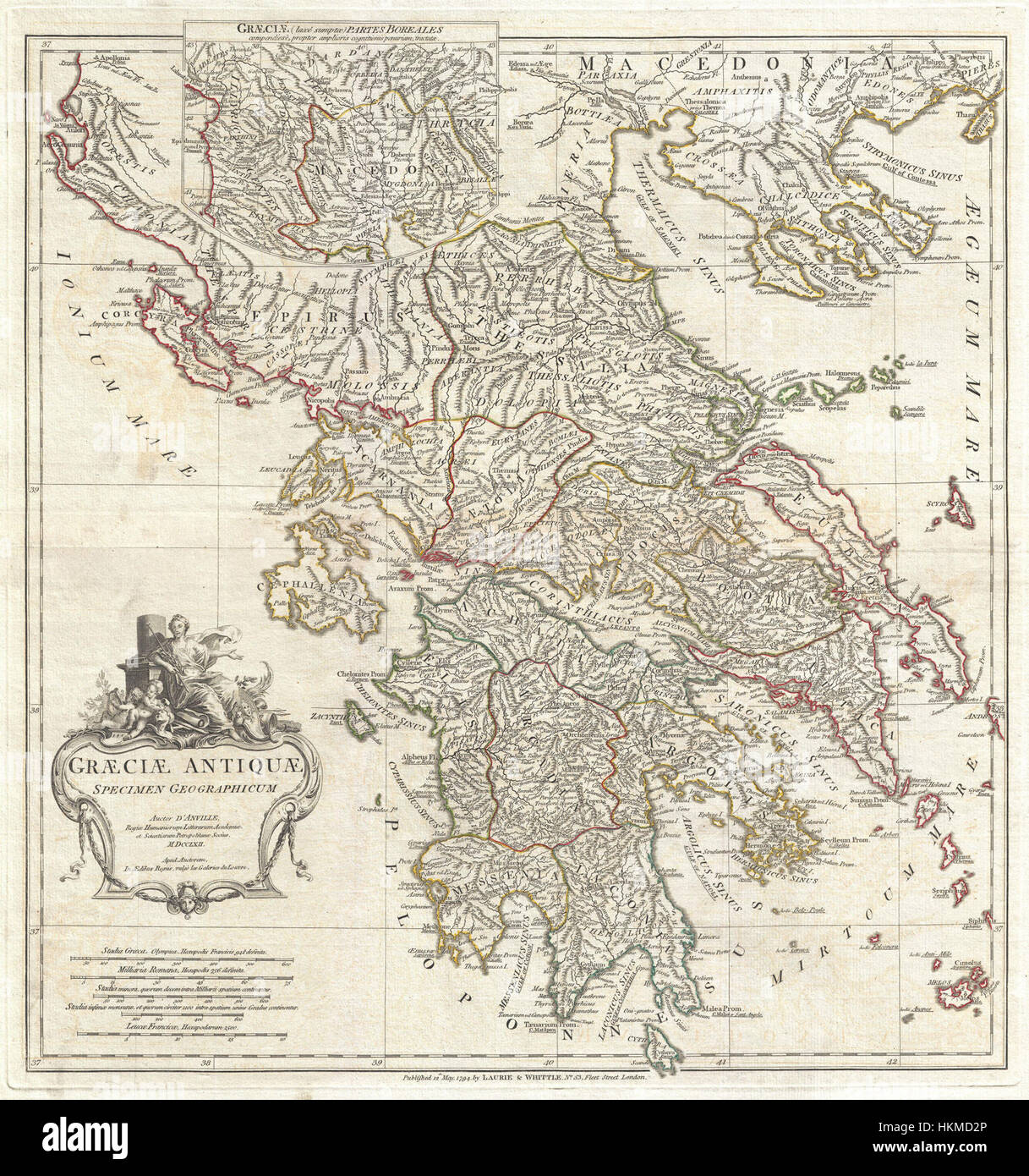 Cette carte de 1794 de Jean-Baptiste d'Anville illustre la Grèce antique avec un détail remarquable, mettant en valeur les caractéristiques géographiques de la région telles qu'elles étaient connues à la fin du XVIIIe siècle. Il reste un artefact précieux pour comprendre la géographie historique. Banque D'Images