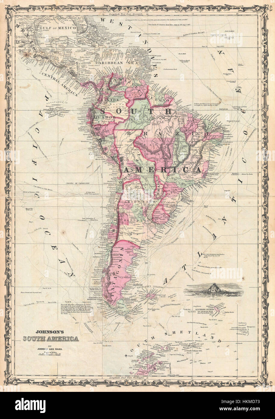 La carte Johnson de l'Amérique du Sud de 1862 est une œuvre cartographique historique, fournissant des informations géographiques détaillées sur le continent au XIXe siècle. Il reflète la géographie politique et physique de l'Amérique du Sud à l'époque. Banque D'Images