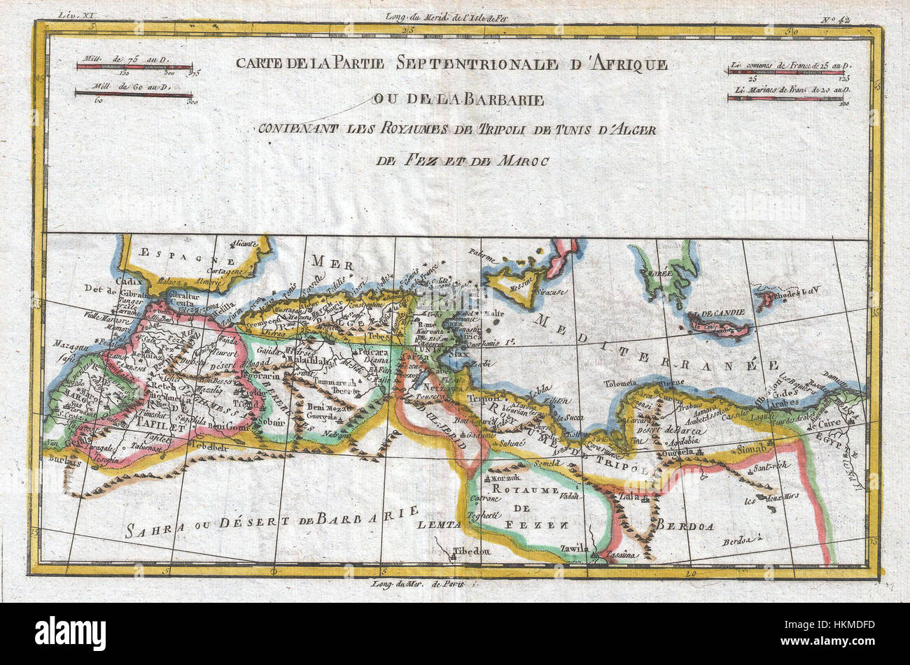 Cette carte de 1780 de Raynal et bonne fournit une vue détaillée de la côte barbare de l'Afrique du Nord. La carte, qui fait partie de l'ouvrage « histoire philosophique et politique », illustre le littoral et les régions importantes de la fin du XVIIIe siècle, offrant un aperçu de la géographie et du climat politique de l'époque. Banque D'Images