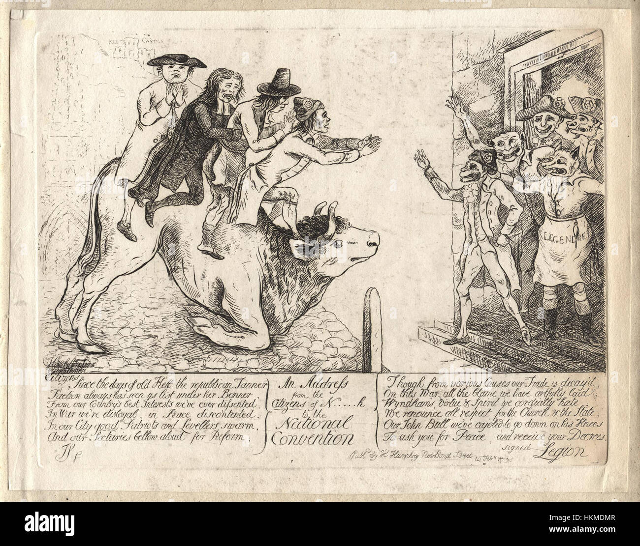 Cette œuvre représente un discours prononcé par les citoyens de Norwich à la Convention nationale française pendant la Révolution française. Le tableau de Hannah Humphrey illustre le climat politique turbulent de l'époque et reflète le soutien des citoyens à la cause révolutionnaire. Banque D'Images