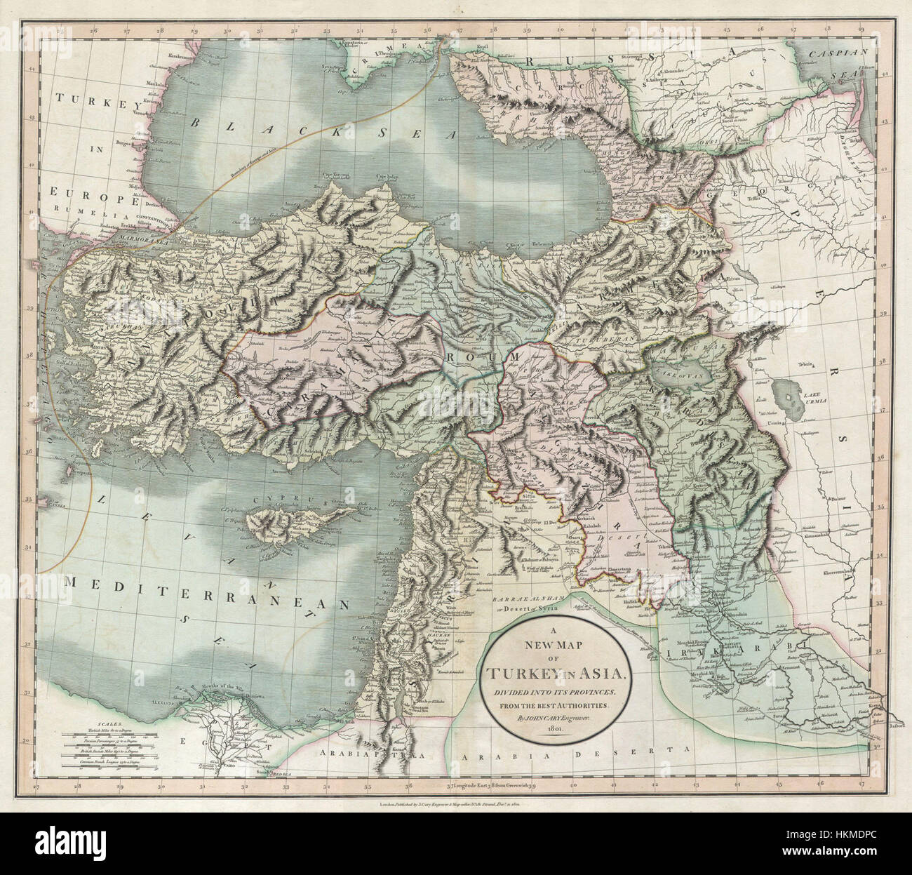Cette carte de 1801 de Cary montre les régions géographiques de la Turquie, de l'Irak, de l'Arménie et de la Syrie. Il reflète les paysages politiques et physiques de ces régions au début du XIXe siècle, fournissant un aperçu historique de la région du moyen-Orient. Banque D'Images
