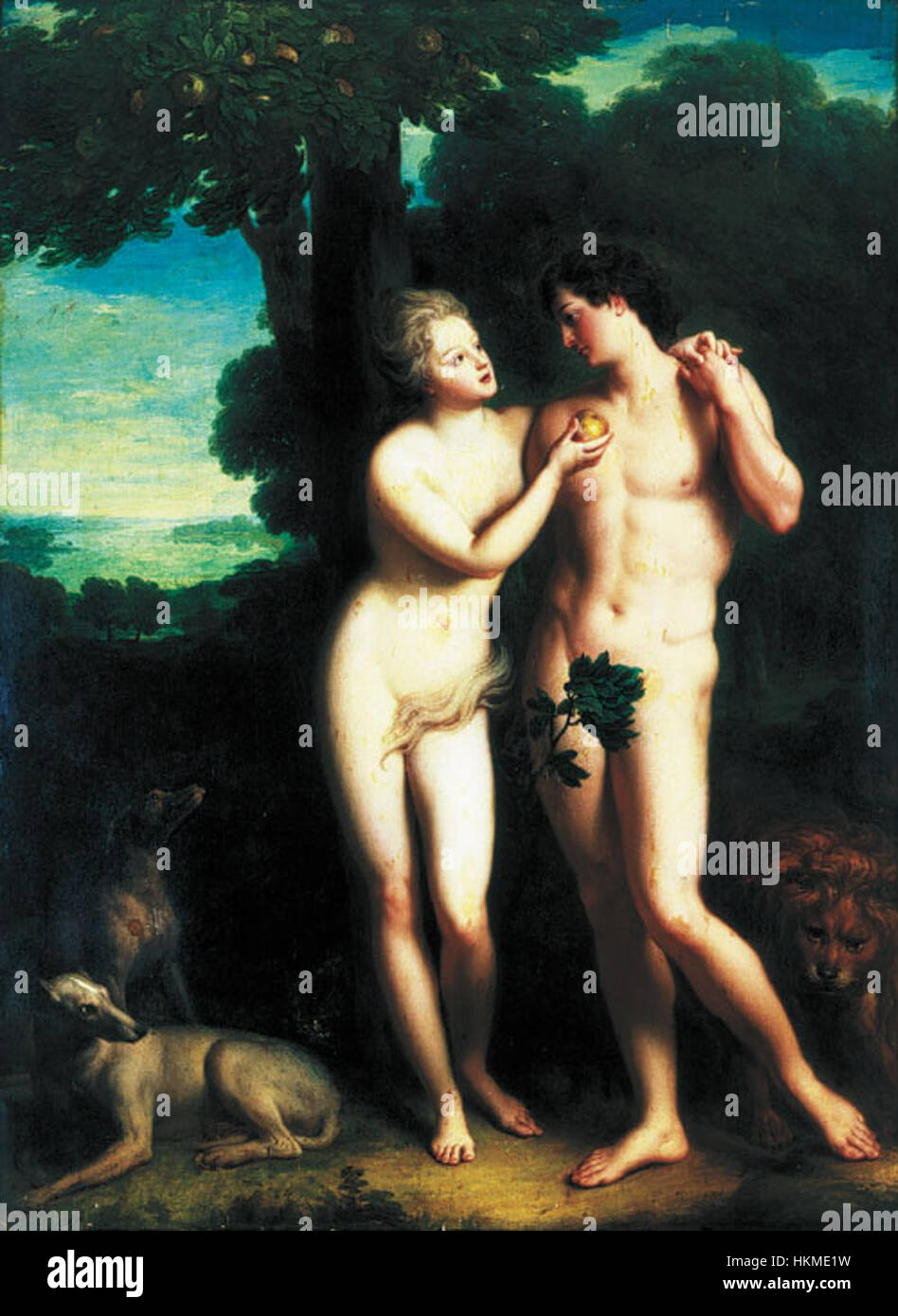 Adam et Ève, une peinture baroque de Philippe d'Orléans et Madeleine de la Vieuville, présentant les premiers humains bibliques dans le jardin d'Éden, est typique de la beauté de l'art européen du XVIIe siècle avec ses détails et sa profondeur émotionnelle. Banque D'Images