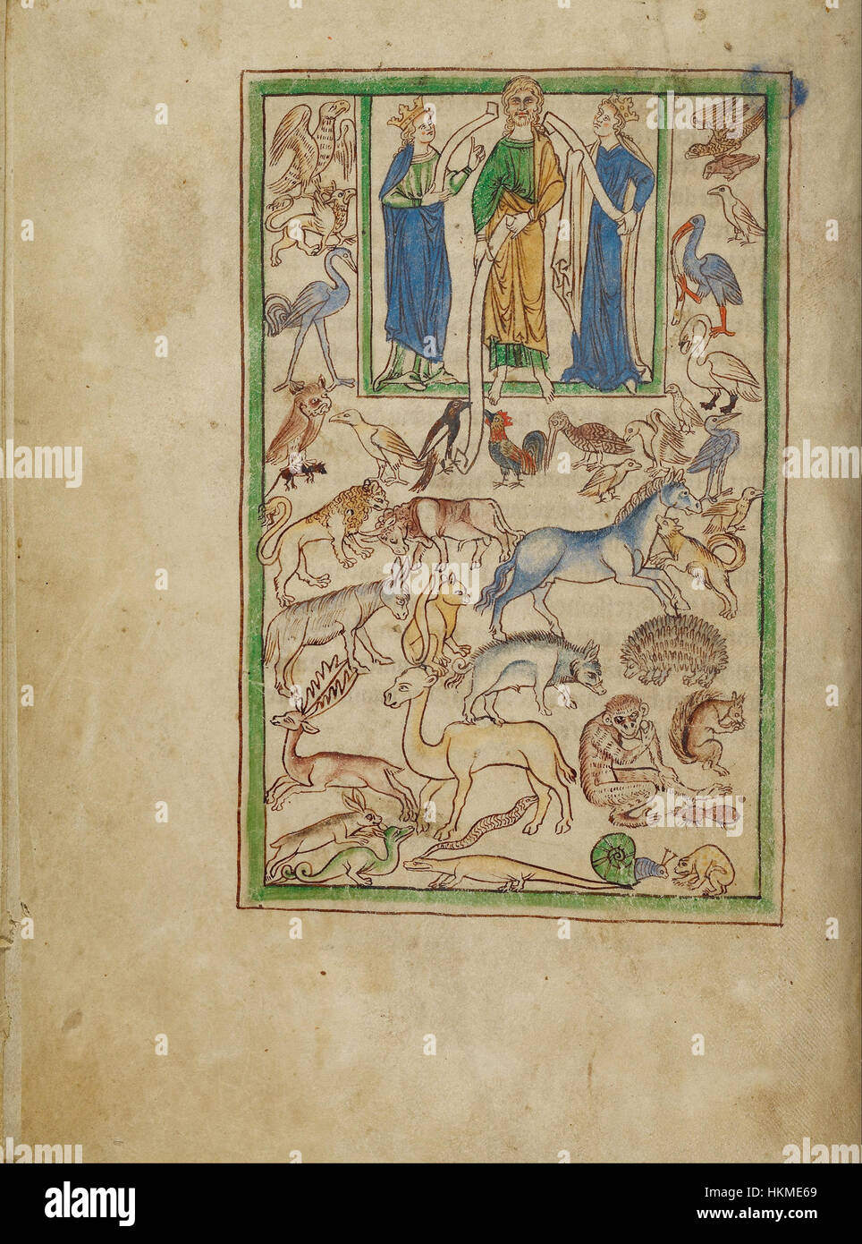Adam nommant les animaux, une représentation biblique du début de la domination de l'humanité sur la nature, illustrant l'harmonie entre l'humanité et le règne animal, reflétant des influences classiques et de la Renaissance. Banque D'Images