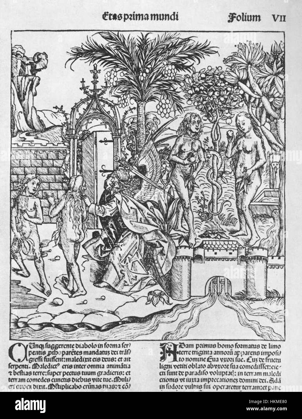 L'histoire biblique de la Tentation et de l'Expulsion du Jardin d'Éden, dans une peinture d'un artiste inconnu, mettant en scène les personnages clés Adam, Ève et le serpent. Banque D'Images