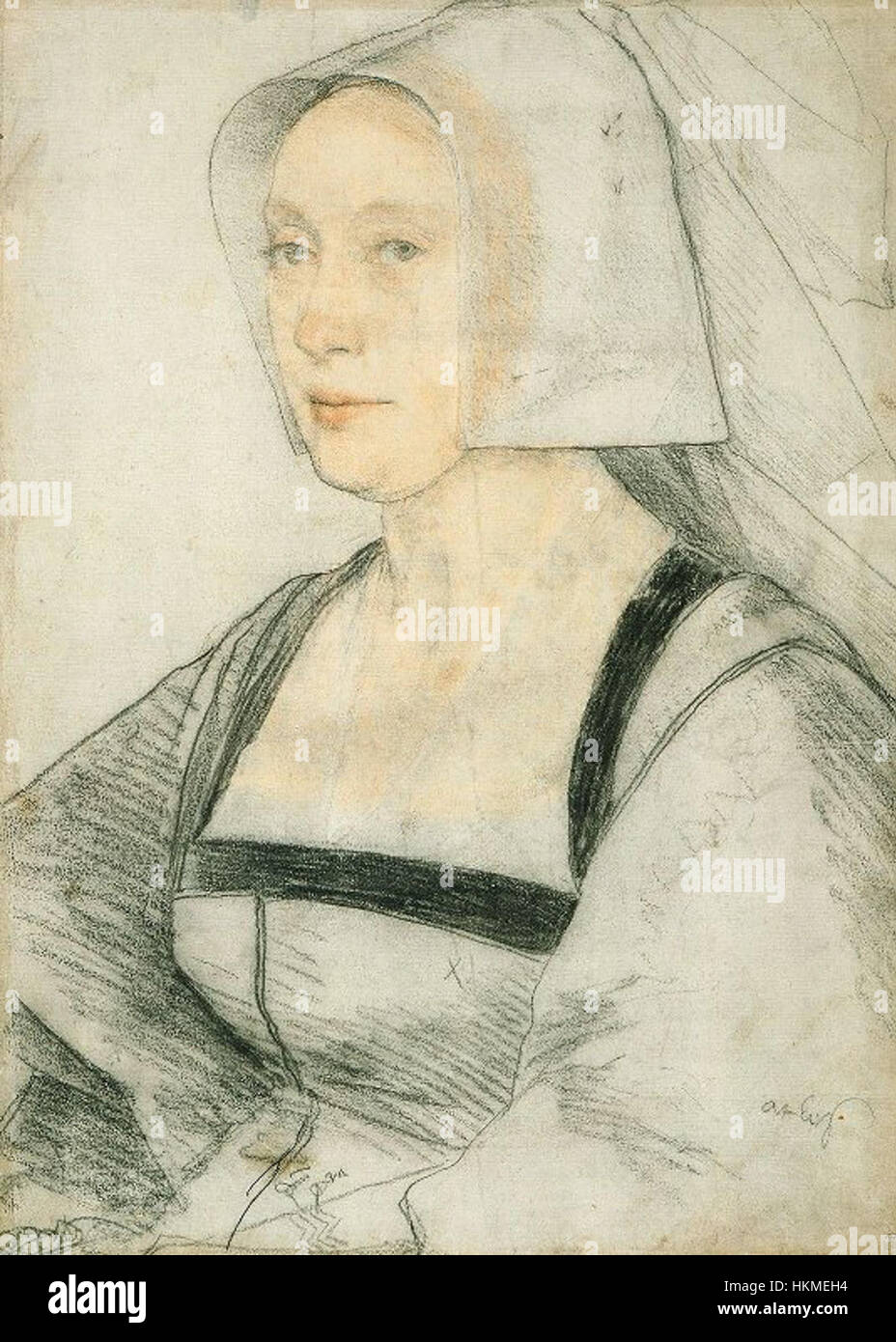 'An Unknown Woman' de Hans Holbein le jeune est un portrait renommé du début du XVIe siècle. La peinture est caractérisée par le style réaliste caractéristique de Holbein, capturant la tenue vestimentaire et les traits du visage du sujet avec des détails remarquables. L'identité de la femme reste incertaine, ajoutant un élément de mystère à la pièce. Banque D'Images